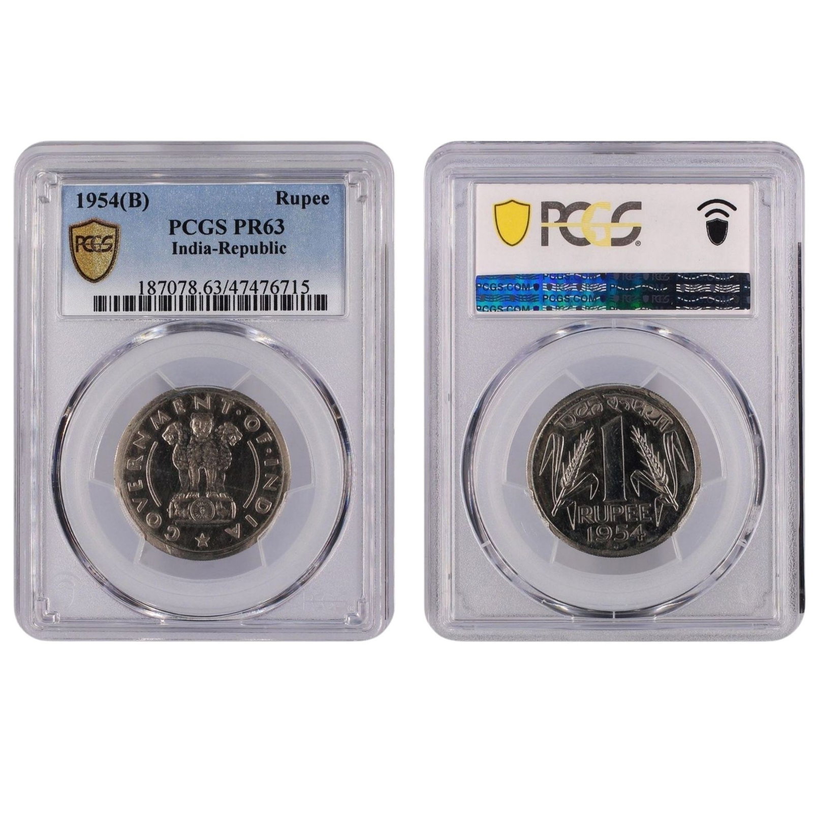 India (Republic) 1954 (B) Rupee, PCGS PR63 (Pop 4 / Higher 9): KM# 7.2 Medium Coins, Monies & Stamps Literature Highest grade PCGS PR64 (PCGS PR64 - Sold USD $312 - 26/4/23) Exhibited Coins, Asia