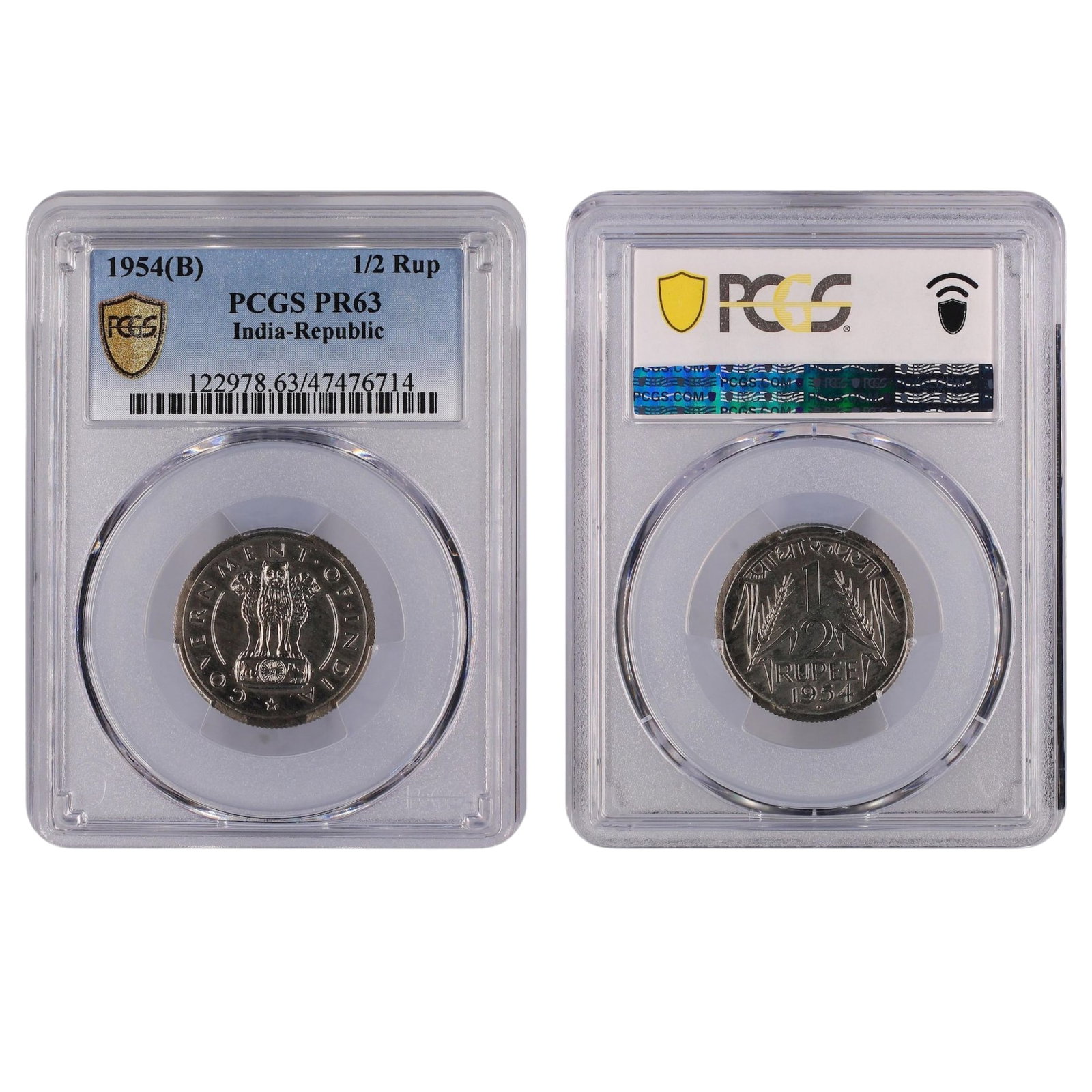 India (Republic) 1954 (B) 1/2 Rupee, PCGS PR63 (Pop 4 / Higher 5): KM# 6.2 Medium Coins, Monies & Stamps Literature Highest grade PCGS PR66 (PCGS PR66 - Sold USD $345$130 - 6/7/21)