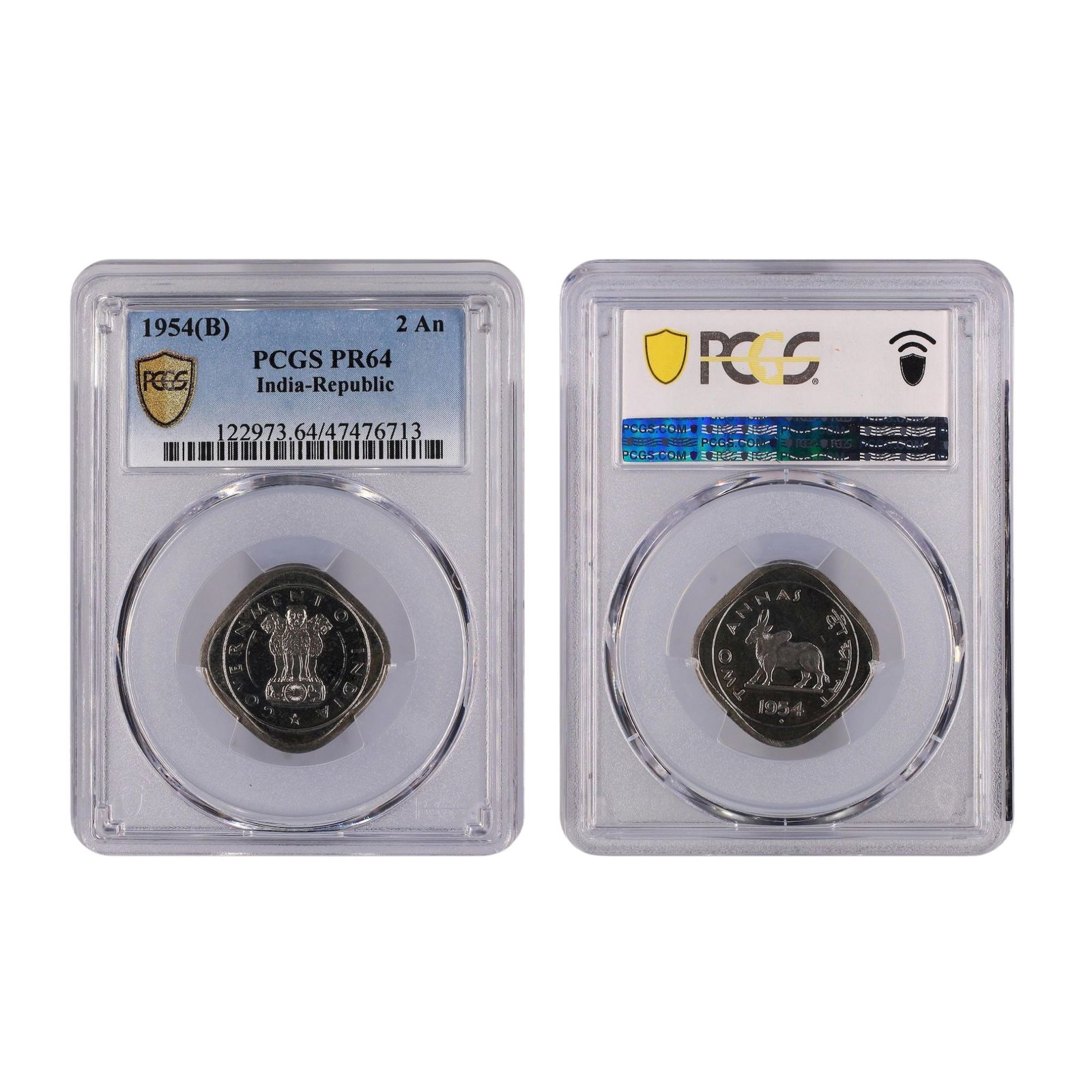 India (Republic) 1954 (B) 2 Anna, PCGS PR64 (Pop 3 / Higher 0): KM# 4.2 Medium Coins, Monies & Stamps Literature Highest grade PCGS PR65 Exhibited Coins, Asia