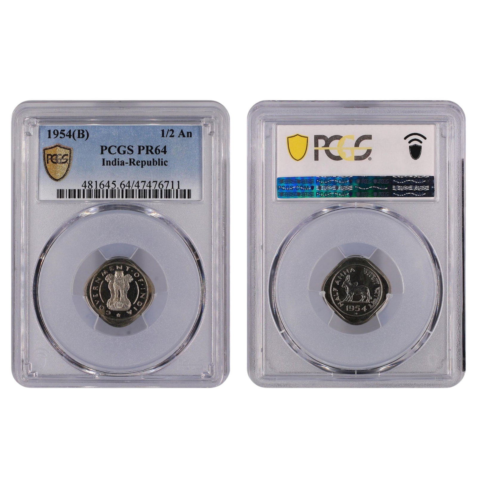 India (Republic) 1954 (B) 1/2 Anna, PCGS PR64 (Pop 6 / Higher 0): KM# 2.2 Medium Coins, Monies & Stamps Literature Highest grade PCGS PR64