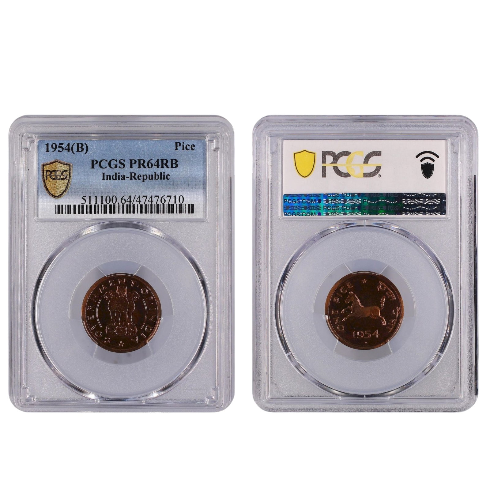 India (Republic) 1954 (B) Pice, PCGS PR64 RB (Pop 1 / Higher 0): KM# 1.4 Medium Coins, Monies & Stamps Literature Highest grade PCGS PR64 Cam (NGC PR64 RD Cam - Sold USD $156 - 19/9/19) Exhibited Coins, Asia