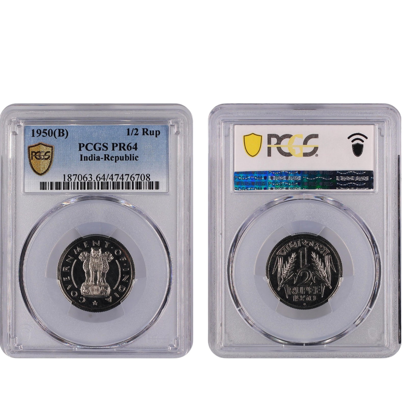 India (Republic) 1950 (B) 1/2 Rupee, PCGS PR64 (Pop 6 / Higher 7): KM# 6.2 Medium Coins, Monies & Stamps Literature Highest grade PCGS PR65 (PCGS PR64 - Sold USD $204 - 21/6/19) Exhibited Coins, Asia