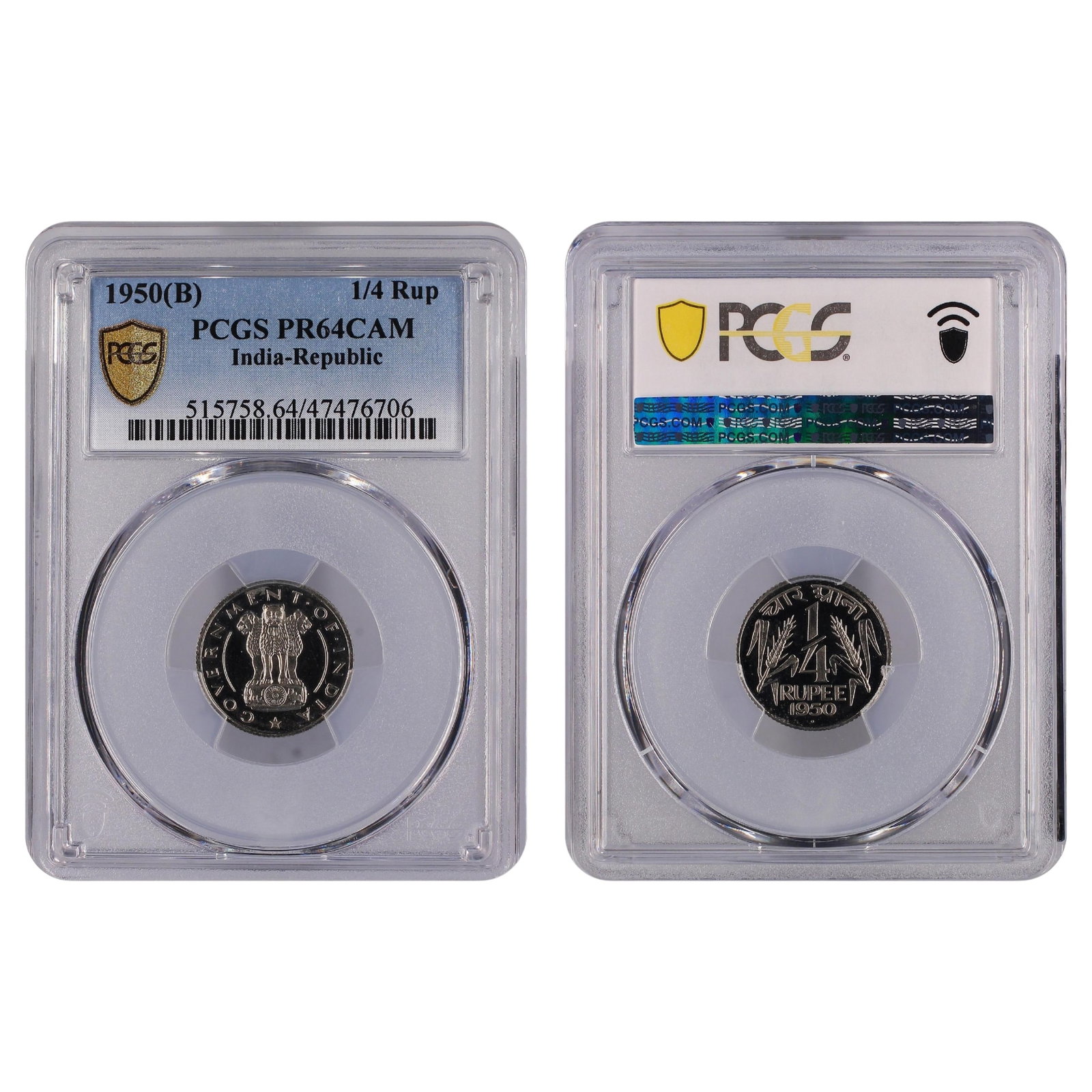 India (Republic) 1950 (B) 1/4 Rupee, PCGS PR64 CAM (Pop 4 / Higher 10): KM# 5.1 Medium Coins, Monies & Stamps Literature Highest grade PCGS PR66 (PCGS PR65 - Sold USD $130 - 13/11/18) Exhibited Coins, Asia