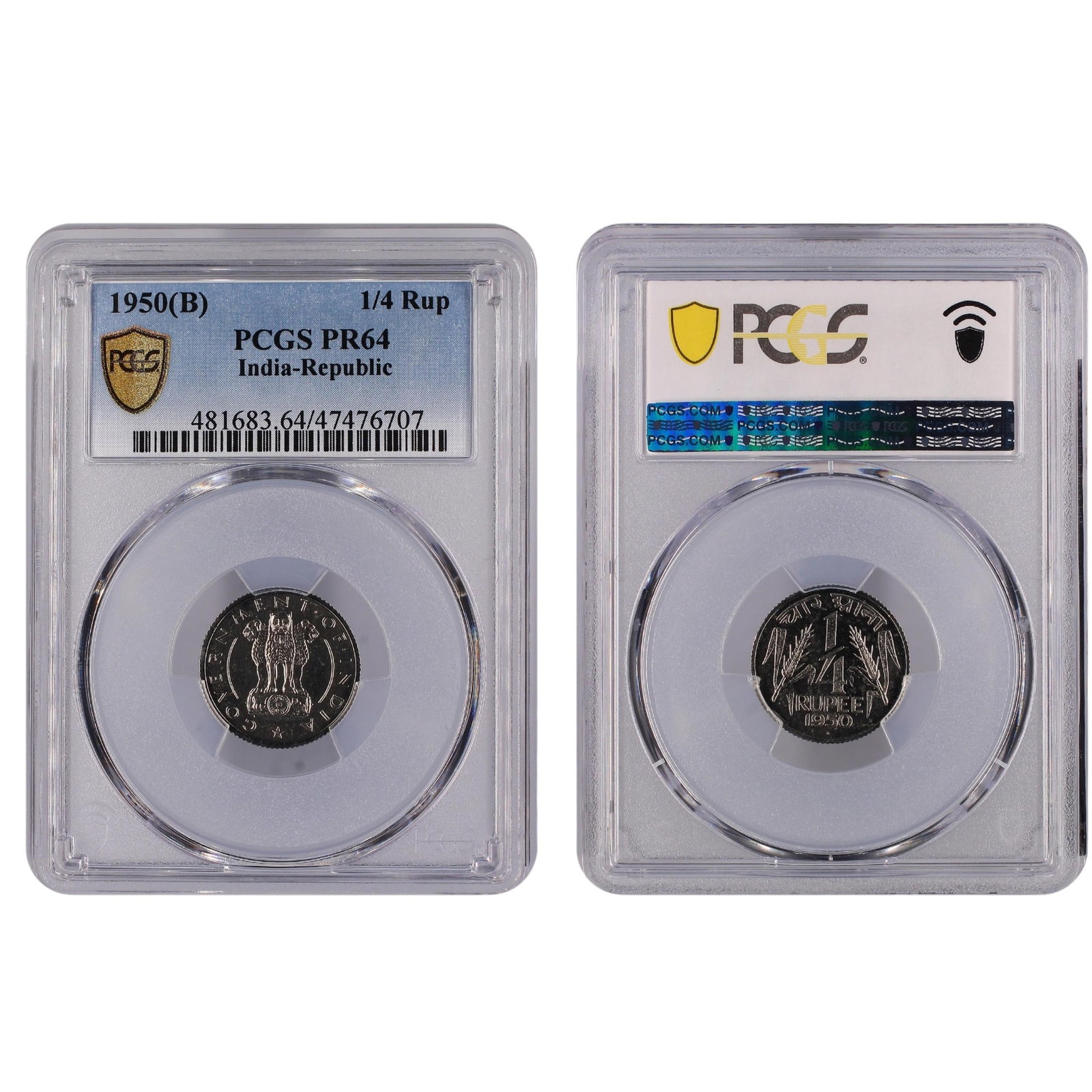 India (Republic) 1950 (B) 1/4 Rupee, PCGS PR64 (Pop 4 / Higher 10): KM# 5.1 Medium Coins, Monies & Stamps Literature Highest grade PCGS PR66 (PCGS PR65 - Sold USD $130 - 13/11/18) Exhibited Coins, Asia