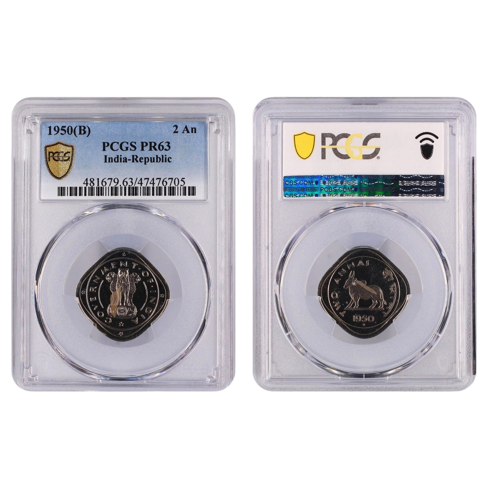 India (Republic) 1950 (B) 2 Anna, PCGS PR63 (Pop 8 / Higher 9): KM# 4.1. Unlike the uncirculated coin of this date, the Two Anna Proof coin has four stars in the corners on the obverse making it a unique type with an extremely small mintage Medium Coins, Monies &