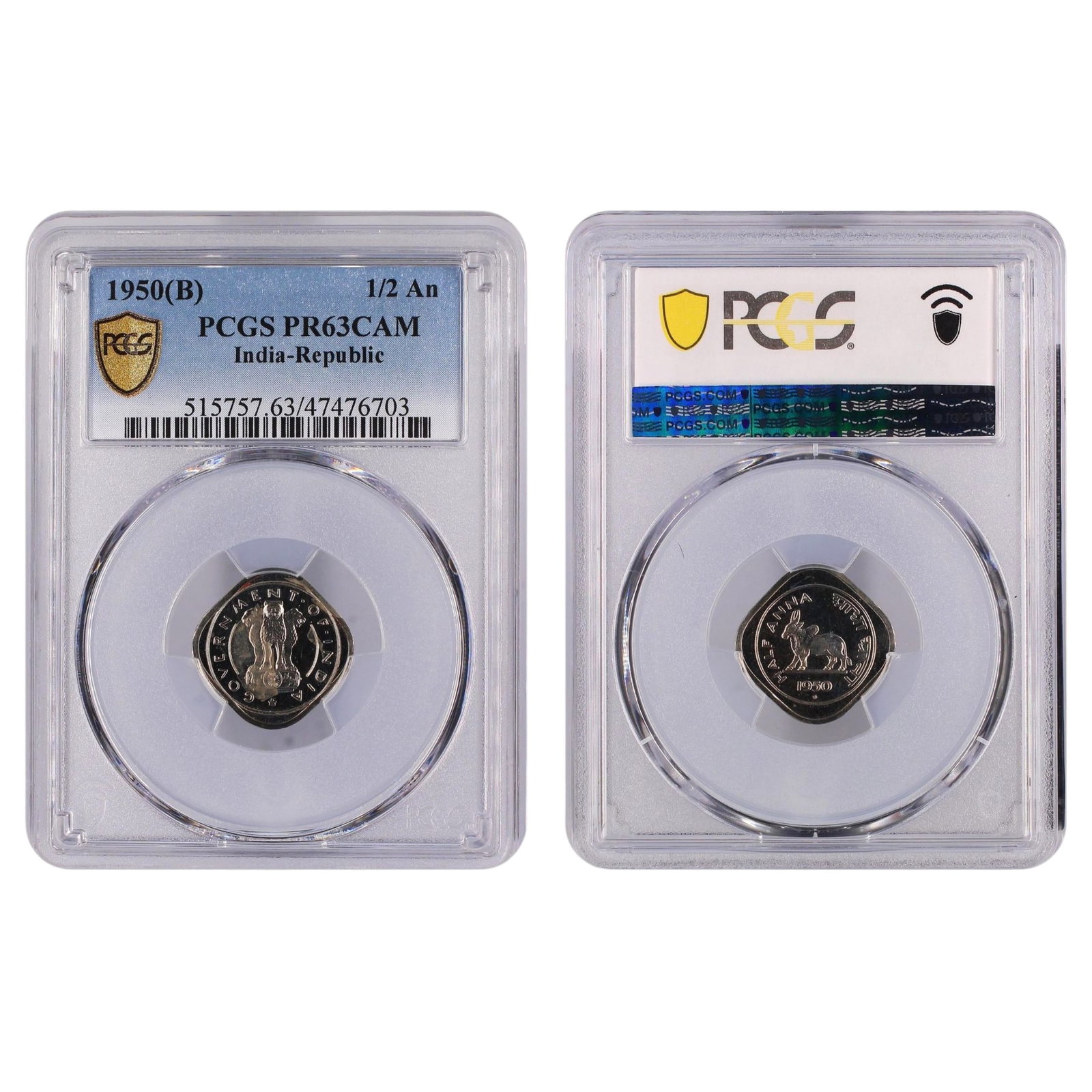 India (Republic) 1950 (B) 1/2 Anna, PCGS PR63 CAM (Pop 7 / Higher 7): KM# 2.1 Medium Coins, Monies & Stamps Literature Highest grade PCGS PR64 (PCGS PR63 - Sold USD $208 - 21/6/19)