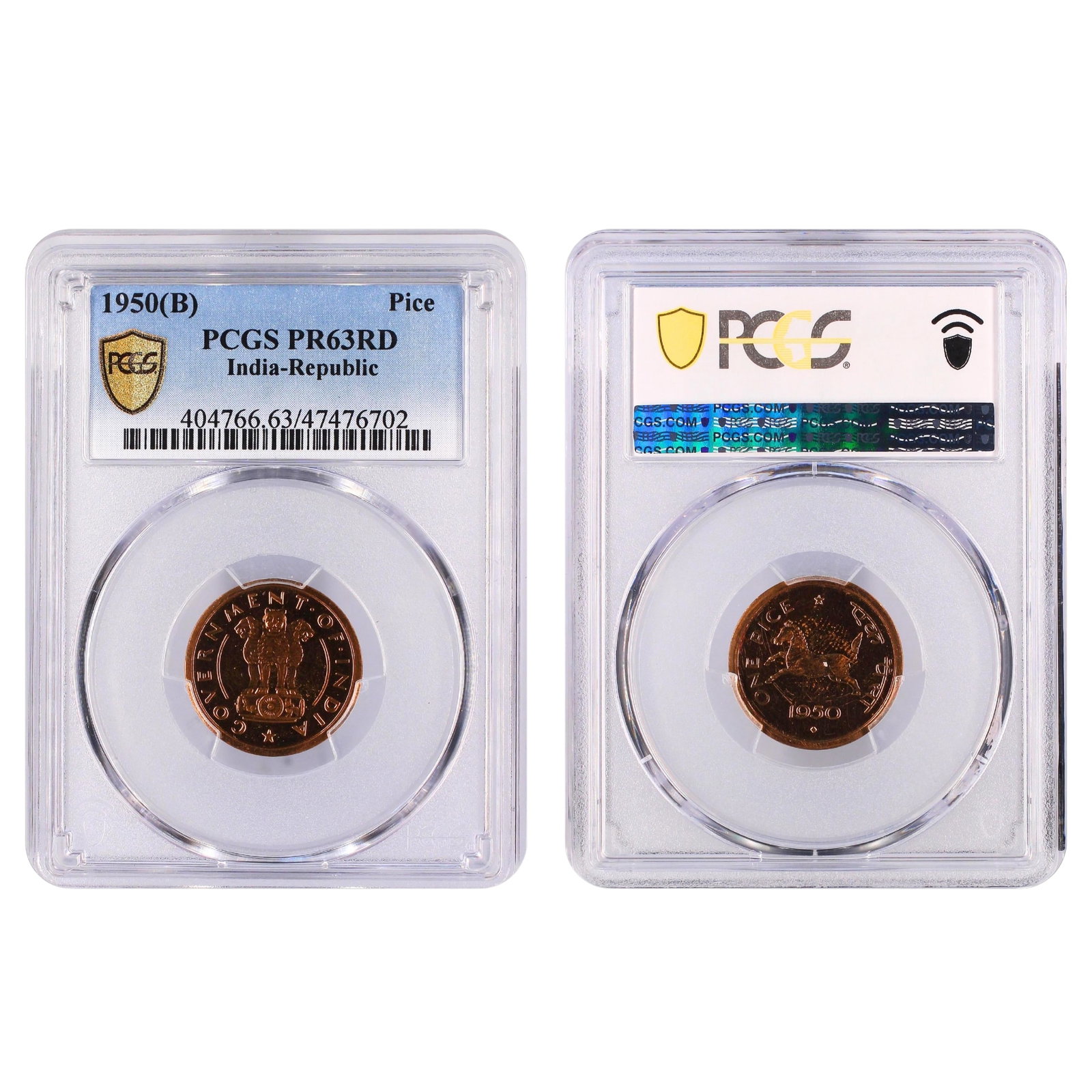 India (Republic) 1950 (B) Pice, PCGS PR63 RD (Pop 5 / Higher 10): KM# 1.2 Medium Coins, Monies & Stamps Literature Highest grade PCGS PR63 Cam