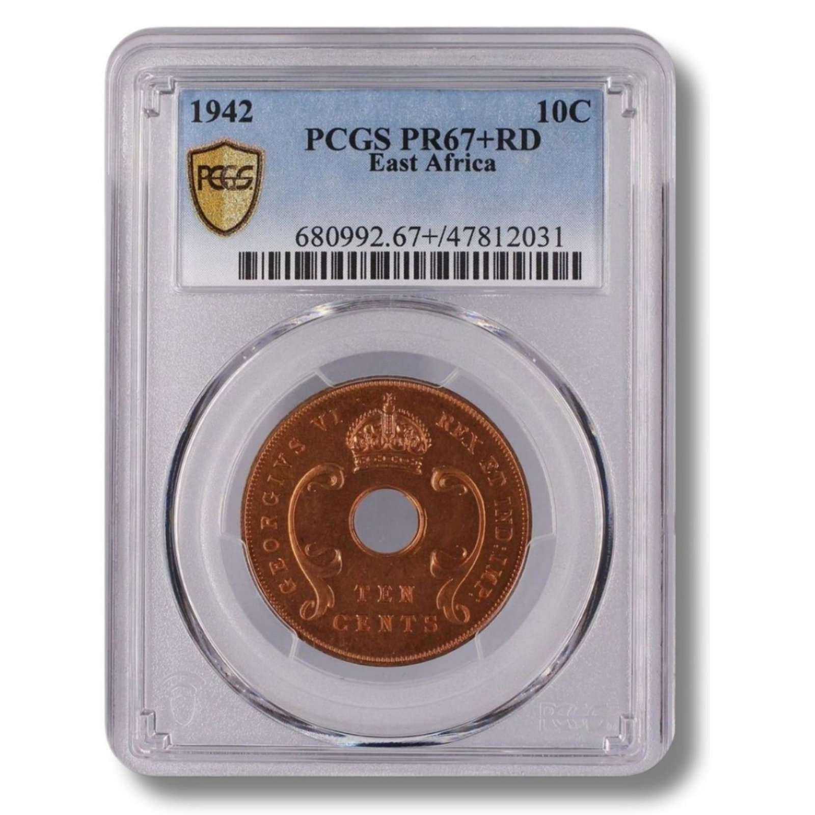 East Africa (British) 1942 (L) Proof Record Ten Cent , PCGS PR67+RD (Pop 1) - Top of the Pops: Highest graded NGC PF65 RD (2) 66 RD (1) & PCGS PR67+ RDD (1) Medium Coins, Monies & Stamps