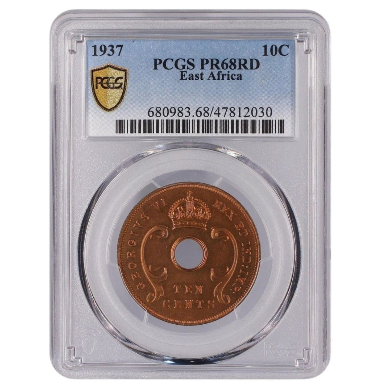 East Africa (British) 1937 (L) Proof Record Ten Cent, PCGS PR68 RD - Top of the Pops: Highest graded NGC PF66 RD (1) & PCGS PR68 RD (1) Medium Coins, Monies & Stamps