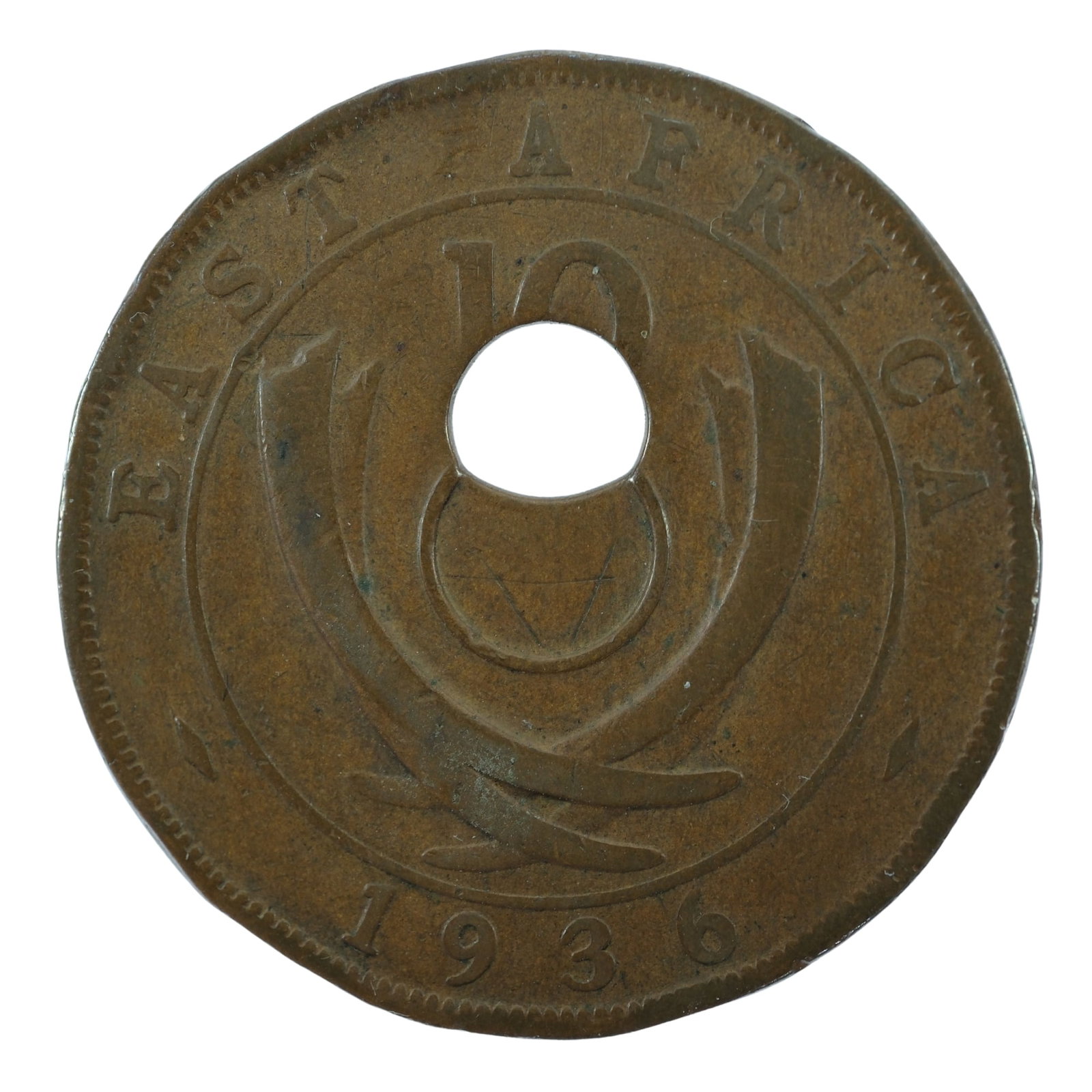 East Africa 1936 'Error' Ten Cents, Very Fine details: Hole struck off-centre Condition Edge bumps