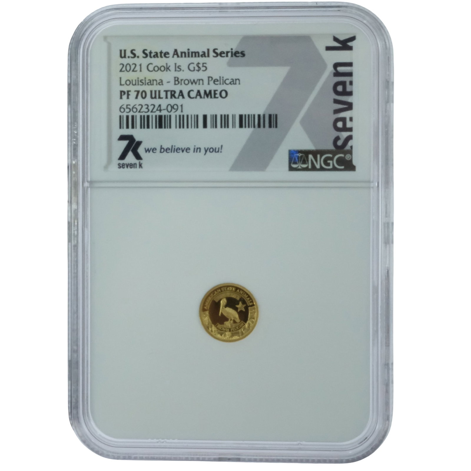 Cook Islands 2021 'Louisiana Brown Pelican' Gold (999) $5, NGC PF70 Ultra Cameo: U.S. State Animal series. Mintage 5,000 Size AGW 0.0161 Troy oz