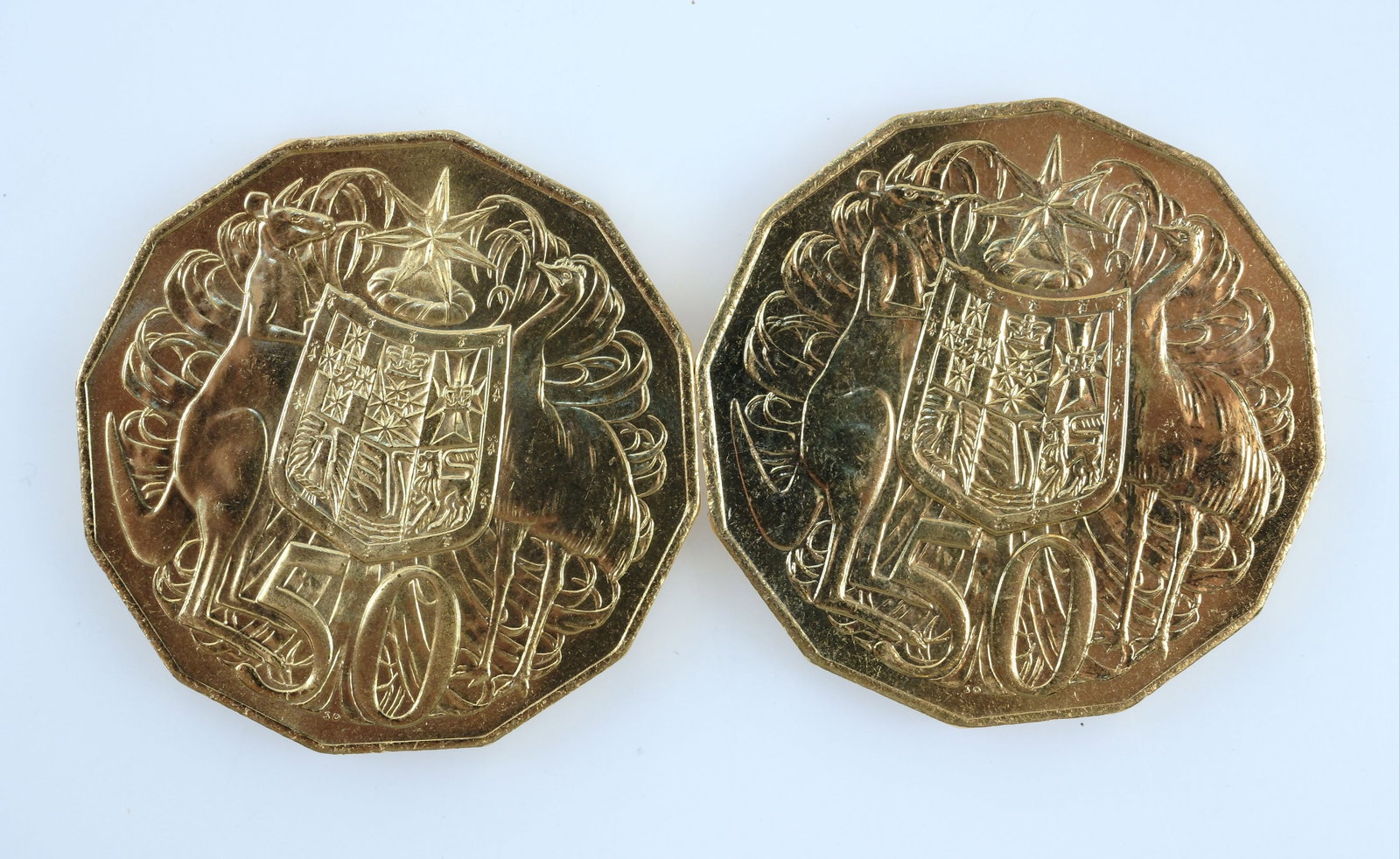 Australia 2015 'Coat of Arms' Gilt 50c Coins, Uncirculated (2): No Packaging Condition No Packaging