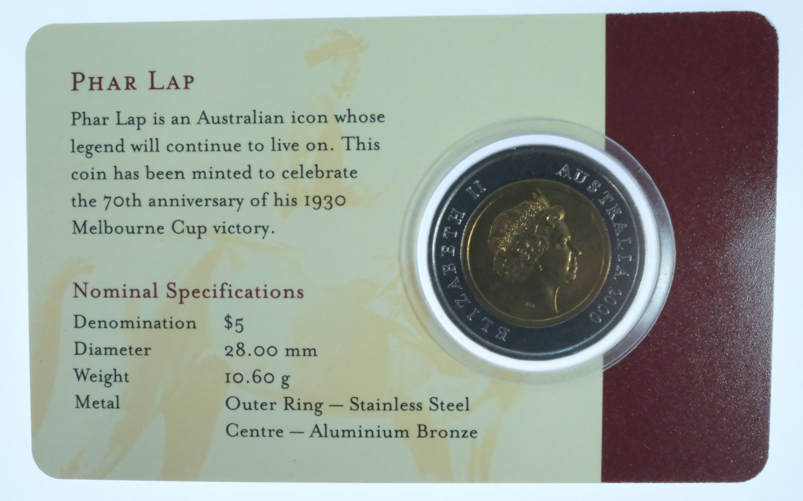 Australia 2000 "Phar Lap" Bi-metallic $5, Uncirculated - 2