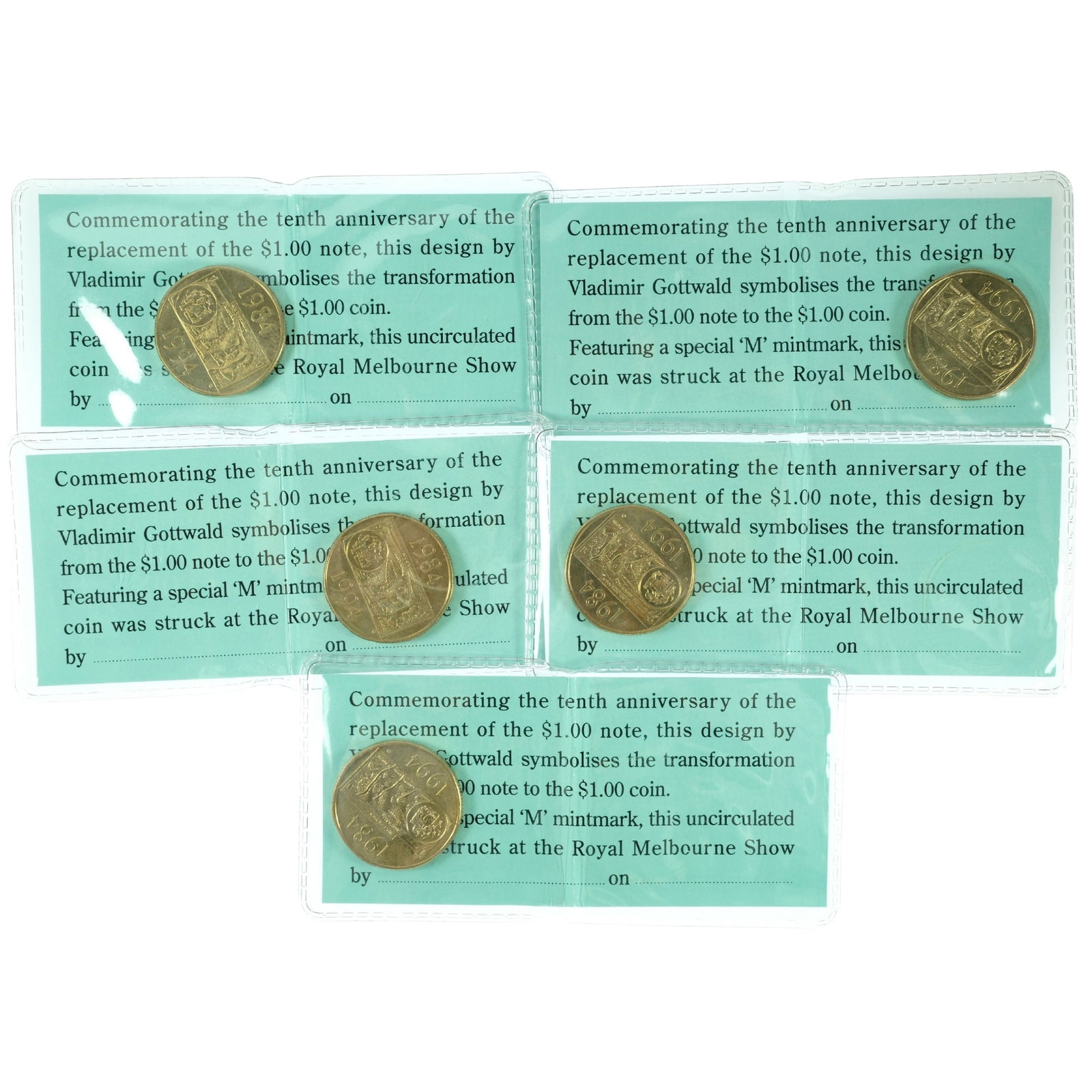 Australia 1984-94 "Anniversary' Al-Br $1's,Uncirculated (5): M' Mintmark