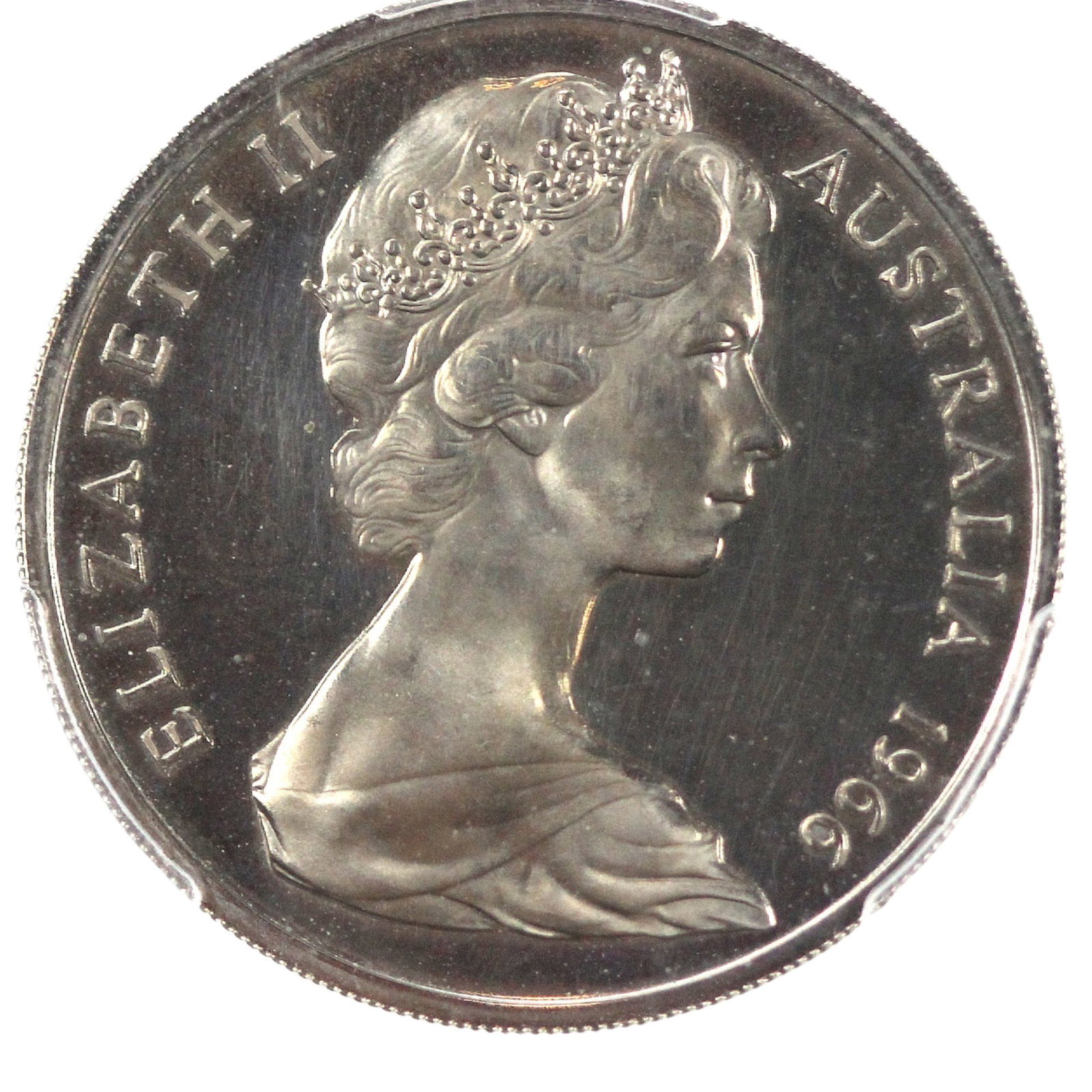 Australia 1966 (L) 'London' Polished Proof Twenty Cents, PCGS PR63 CAM (1 of 7)