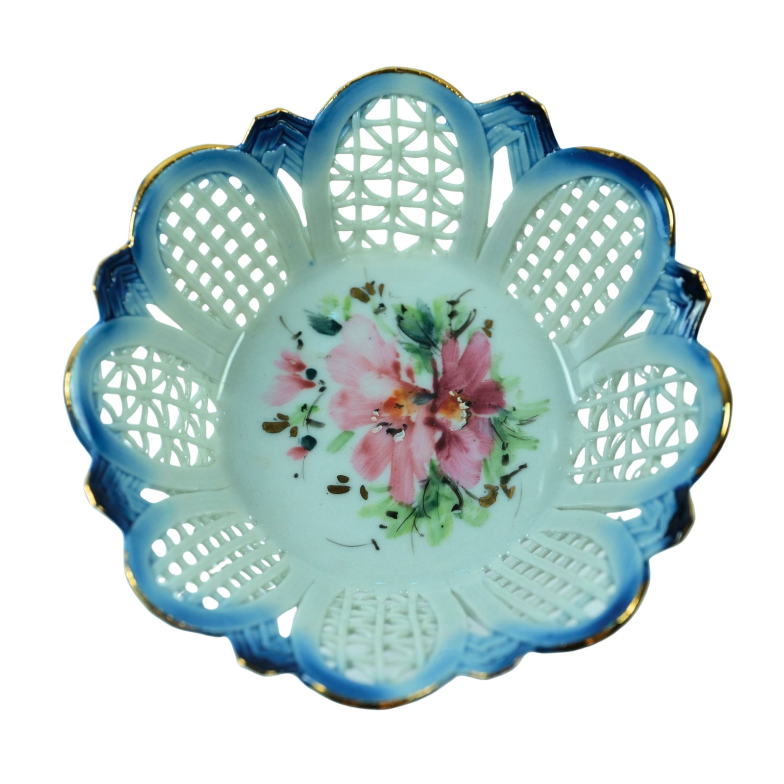 German Porcelain Open Weave Basket Dish: . Size 8x6cms Medium Porcelain & China Exhibited General