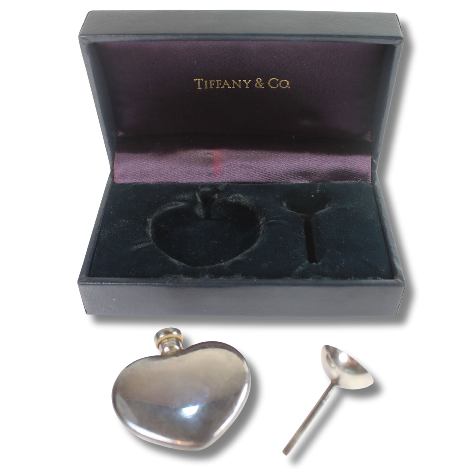 Tiffany & Co. Sterling (925) Silver Perfume Bottle with Refill Funnel: Original Box Size Closed 4cm Tall :0.6cm Wide : Weighs 21.66 grams Medium Silver & Vertu Exhibited Flatware, Sterling Silver, Tiffany & Co.