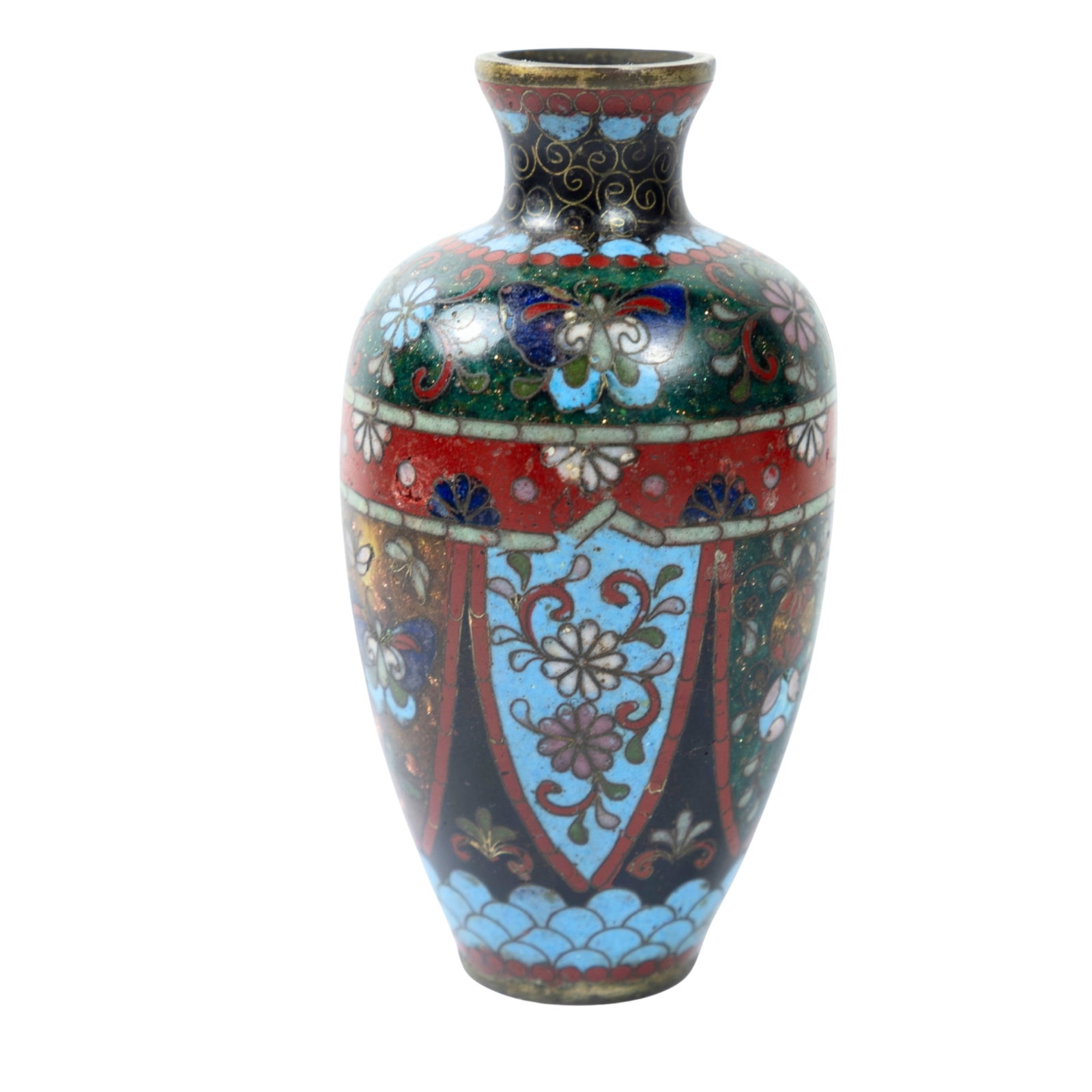 Small Japanese Cloisonne Vase Antique: Red & Blue Size Stands 9cms Medium Japanese Exhibited General