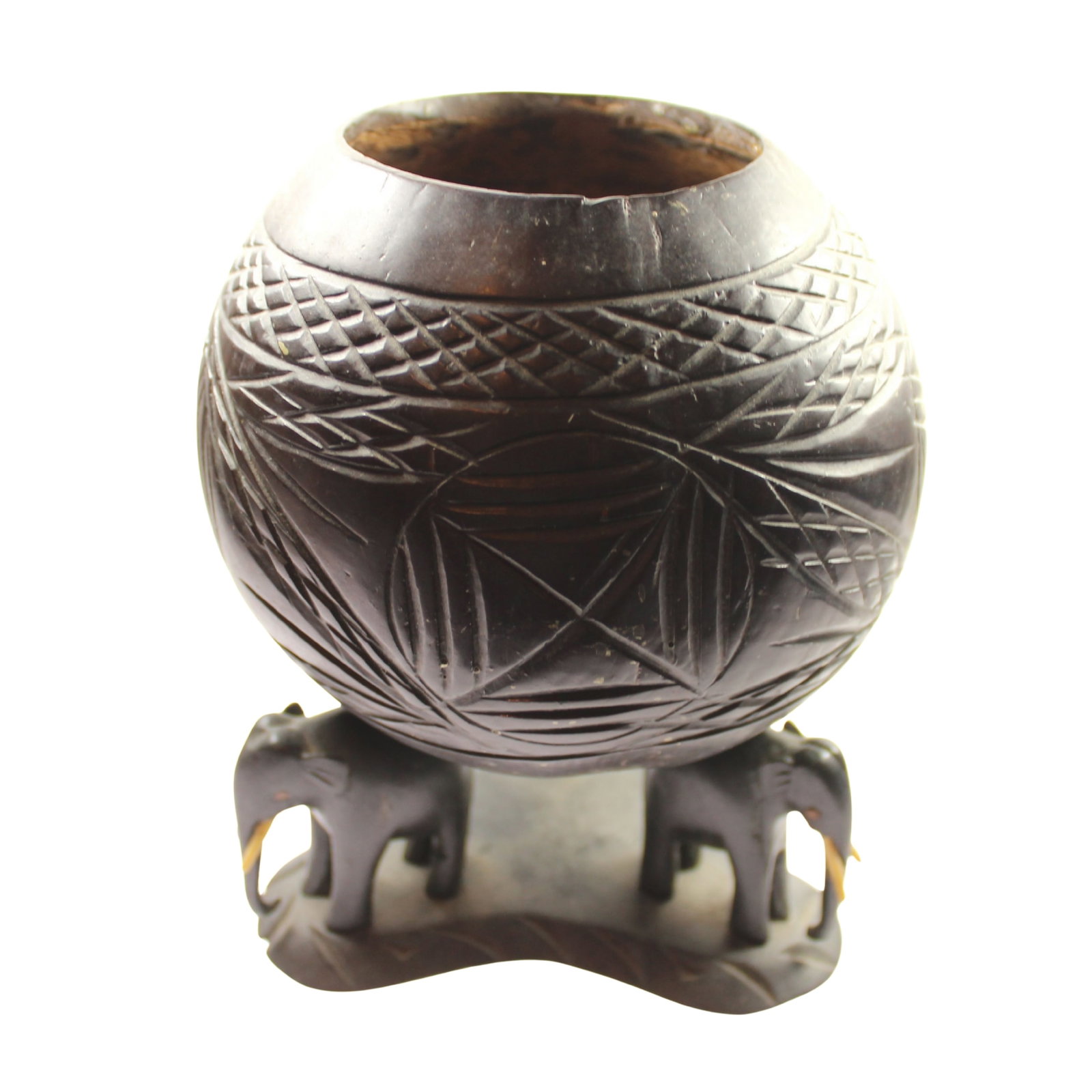 Hand-carved Coconut Bowl atop Teak Elephant Stand (1 of 5)
