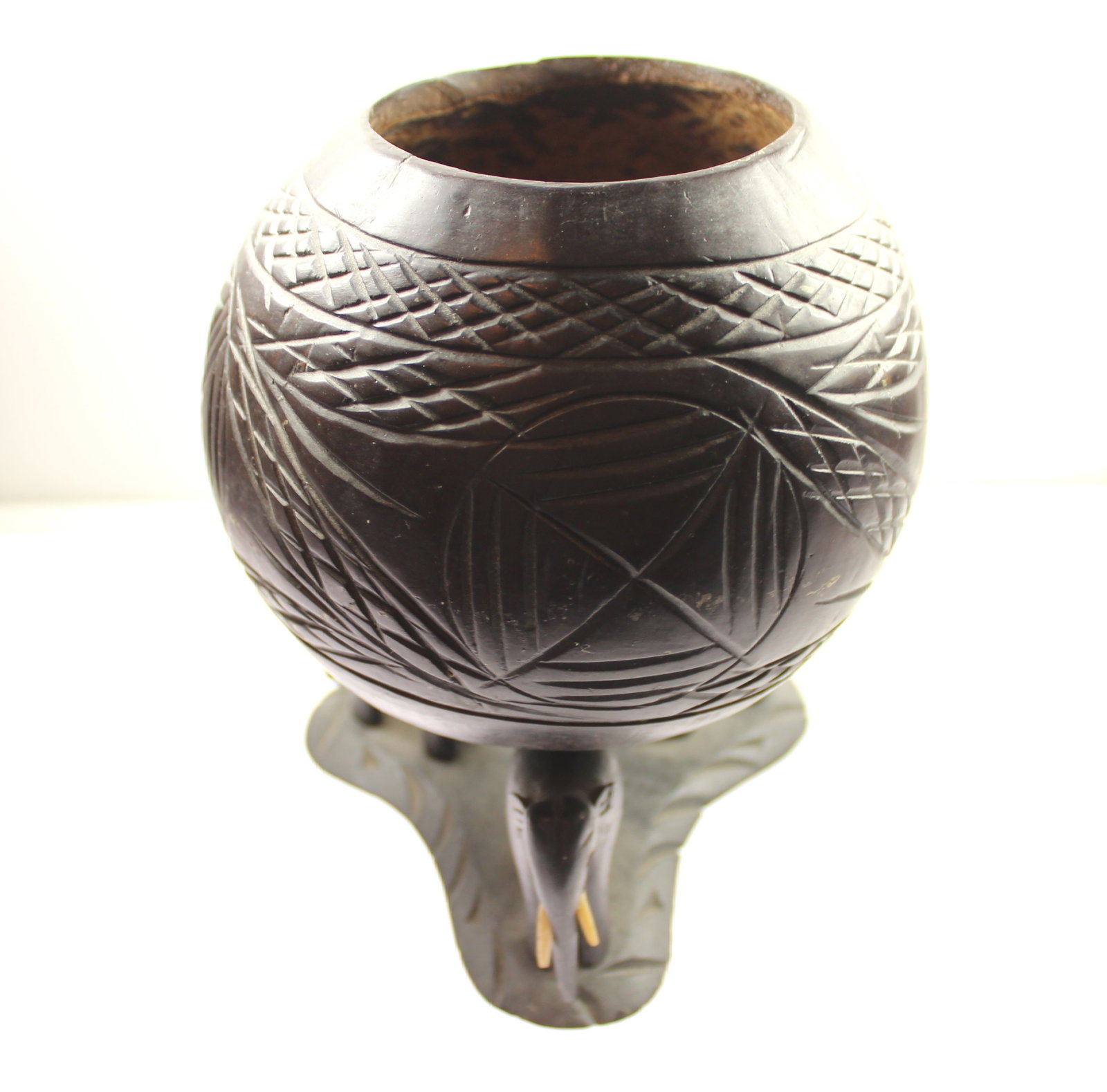 Hand-carved Coconut Bowl atop Teak Elephant Stand - 2