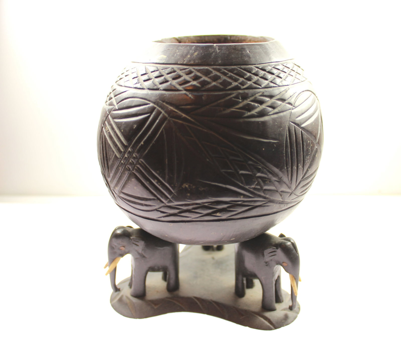 Hand-carved Coconut Bowl atop Teak Elephant Stand - 3