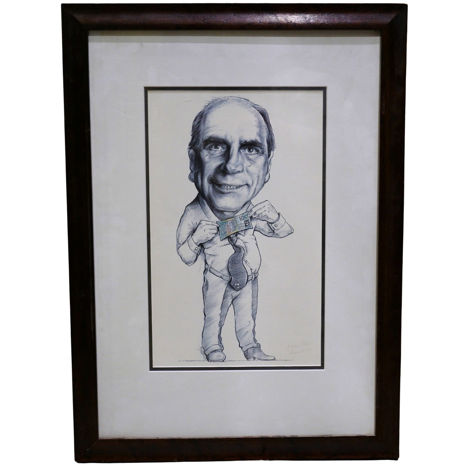 Lyell Dolan (Australian b.1942) signed Print of Reserve Bank Governor Bernie Fraser with a $100 note: The print is co-signed by Bernie Fraser, August 1991. Dolan's design of the new Polymer $100 held by Fraser in the print was chosen at this time, although the banknote was not released into