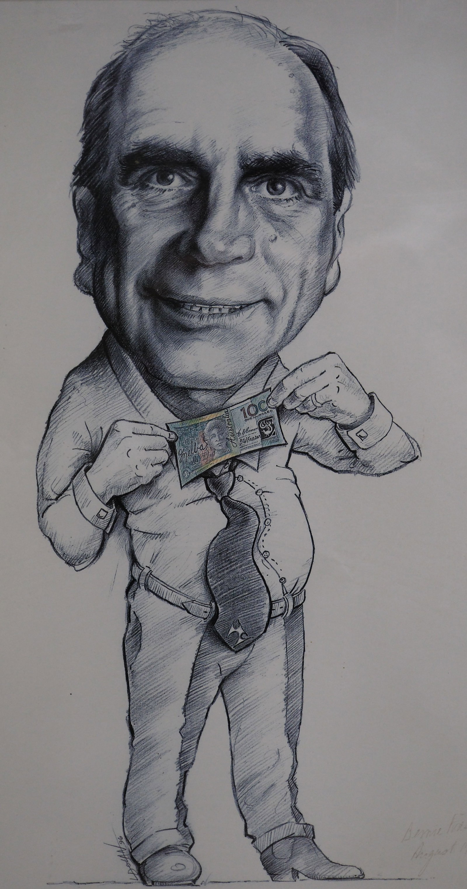 Lyell Dolan (Australian b.1942) signed Print of Reserve Bank Governor Bernie Fraser with a $100 note - 2