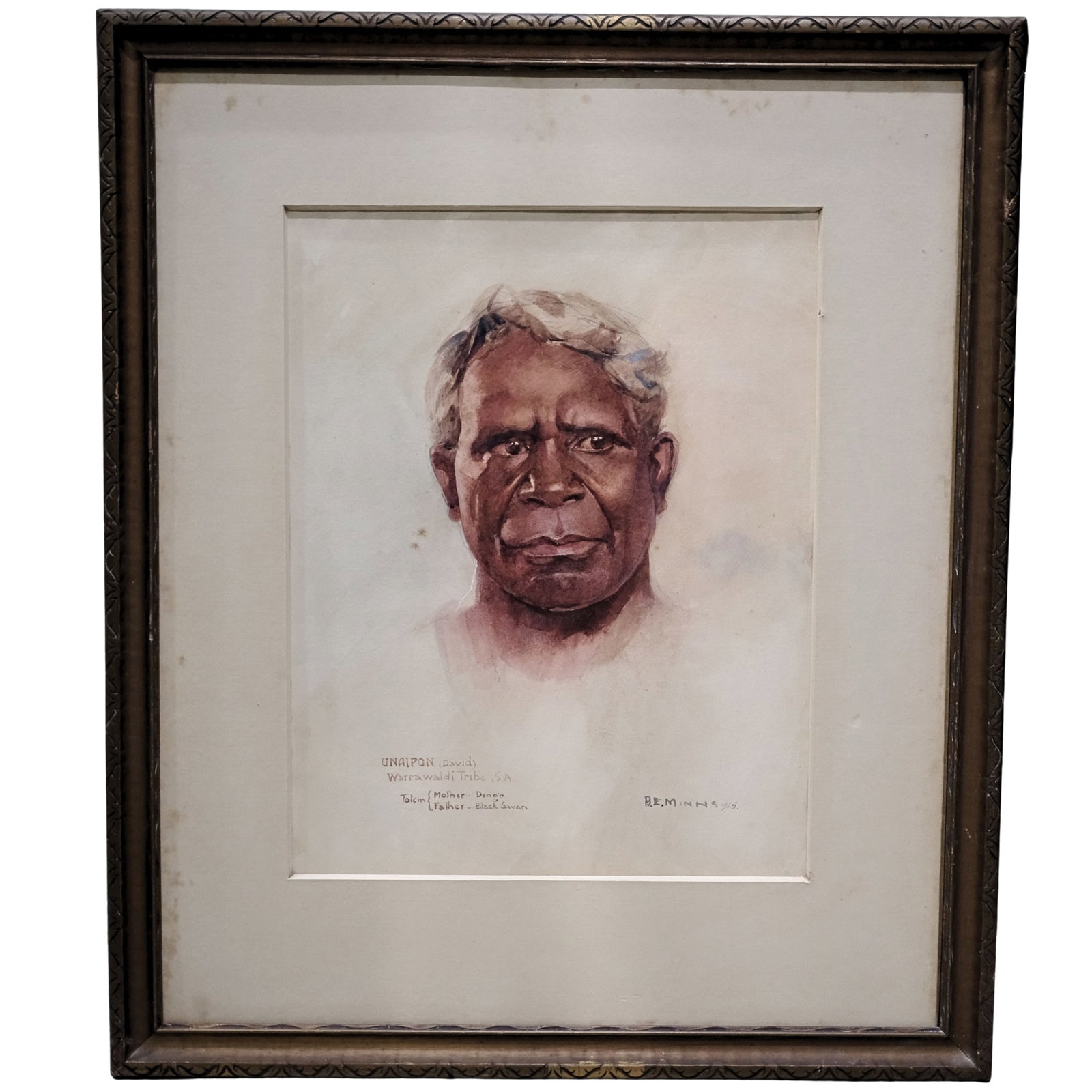 B.E. Minns (Australian 1864-1937) Watercolour of David Unaipon signed by the artist & dated 1925: David Unaipon, a prominent Australian Aborigine who features on Australia's current $50 Banknote, was a famous preacher, inventor and writer who is widely credited as being the first published