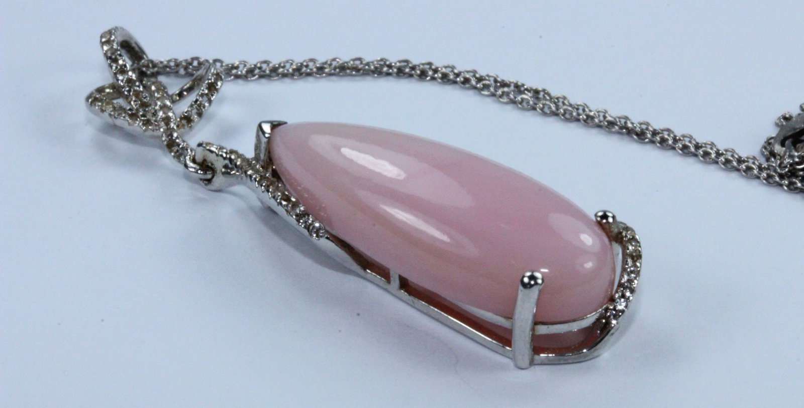 Sterling (925) Silver CZ Set Pink Peruvian Opal Teardrop Pendant on Silver Chain - 3