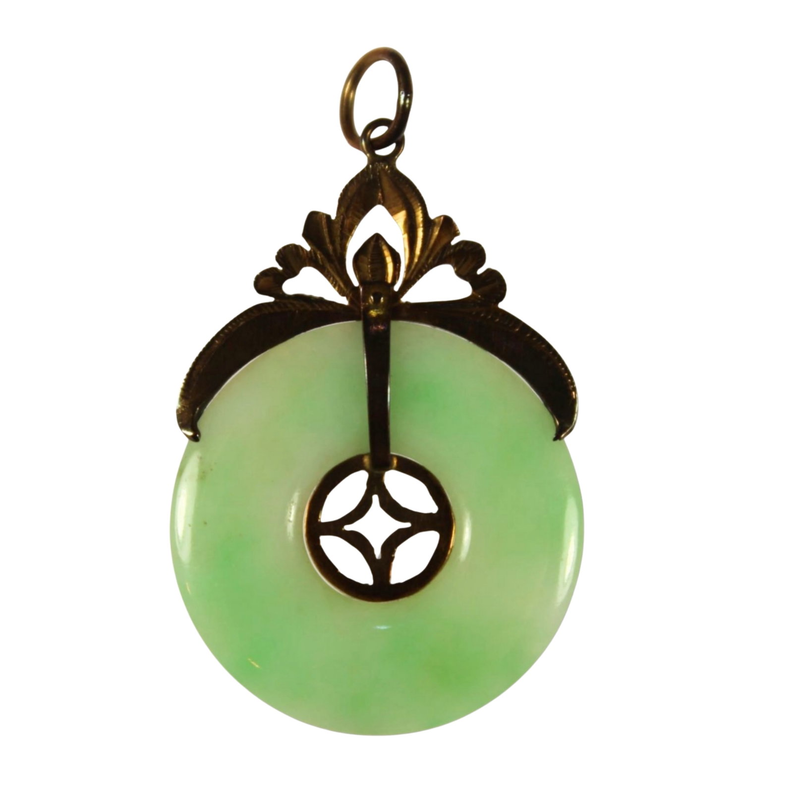 Green Jade Wheel Pendant in 18ct Yellow Gold: . Size Total weight 5.6gms : Diameter 2.5cms Medium Necklaces & Pendants