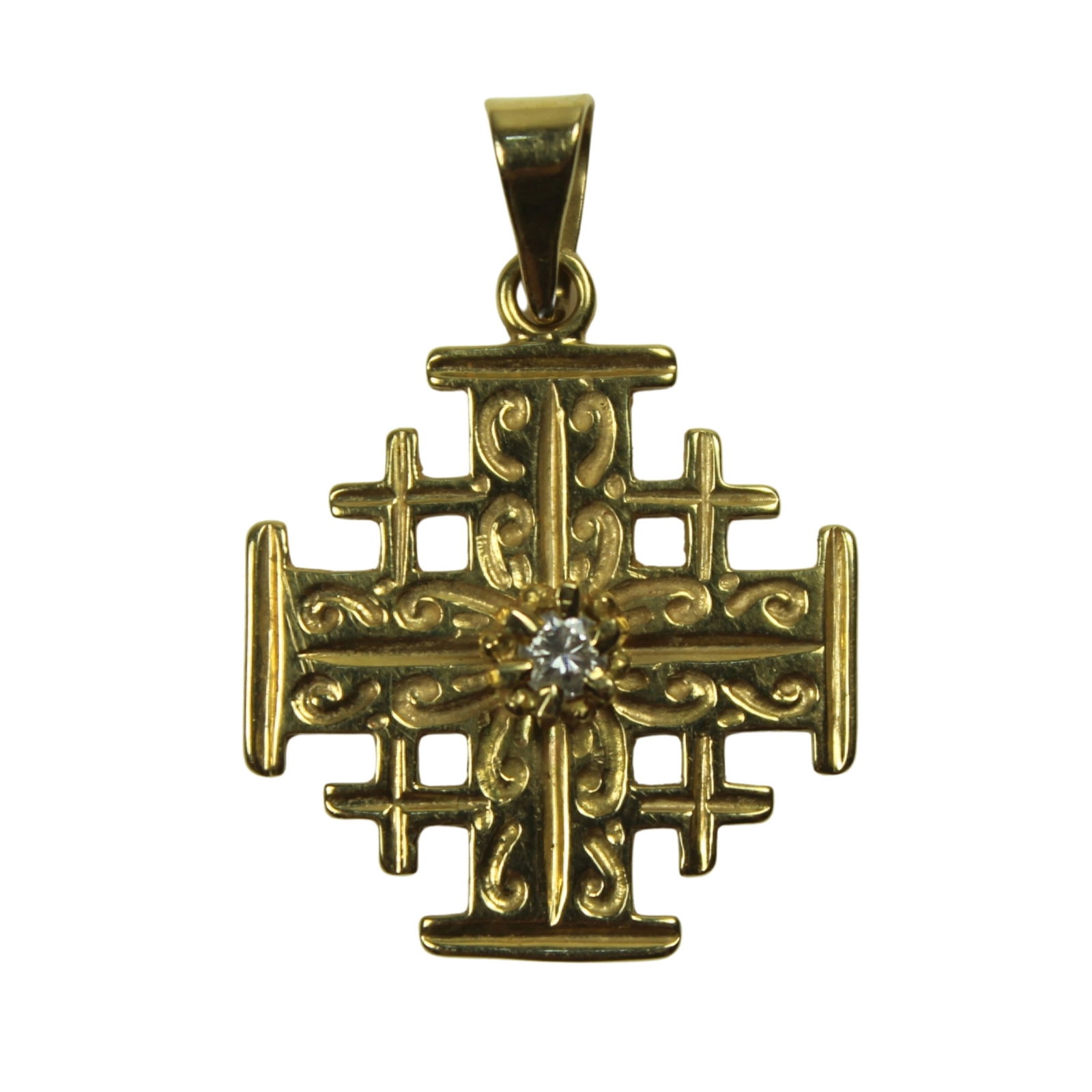 Jerusalem Cross Pendant in 18ct Yellow Gold with Central Diamond: Reverent Size Hangs 3cms . Total weight 3.22gms Medium Necklaces & Pendants
