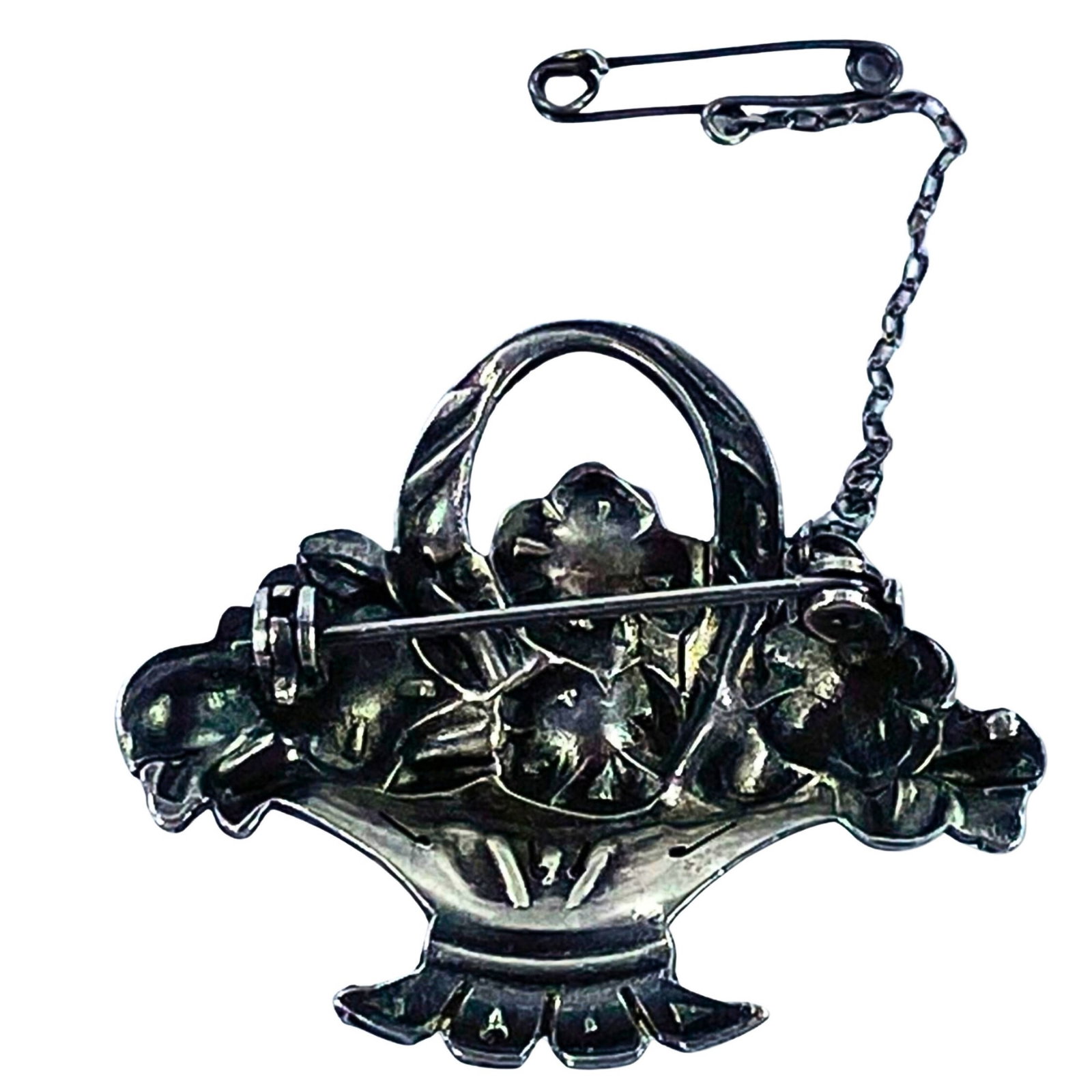 1930's Sterling (925) Silver Marcasite Flower Basket Brooch - 2