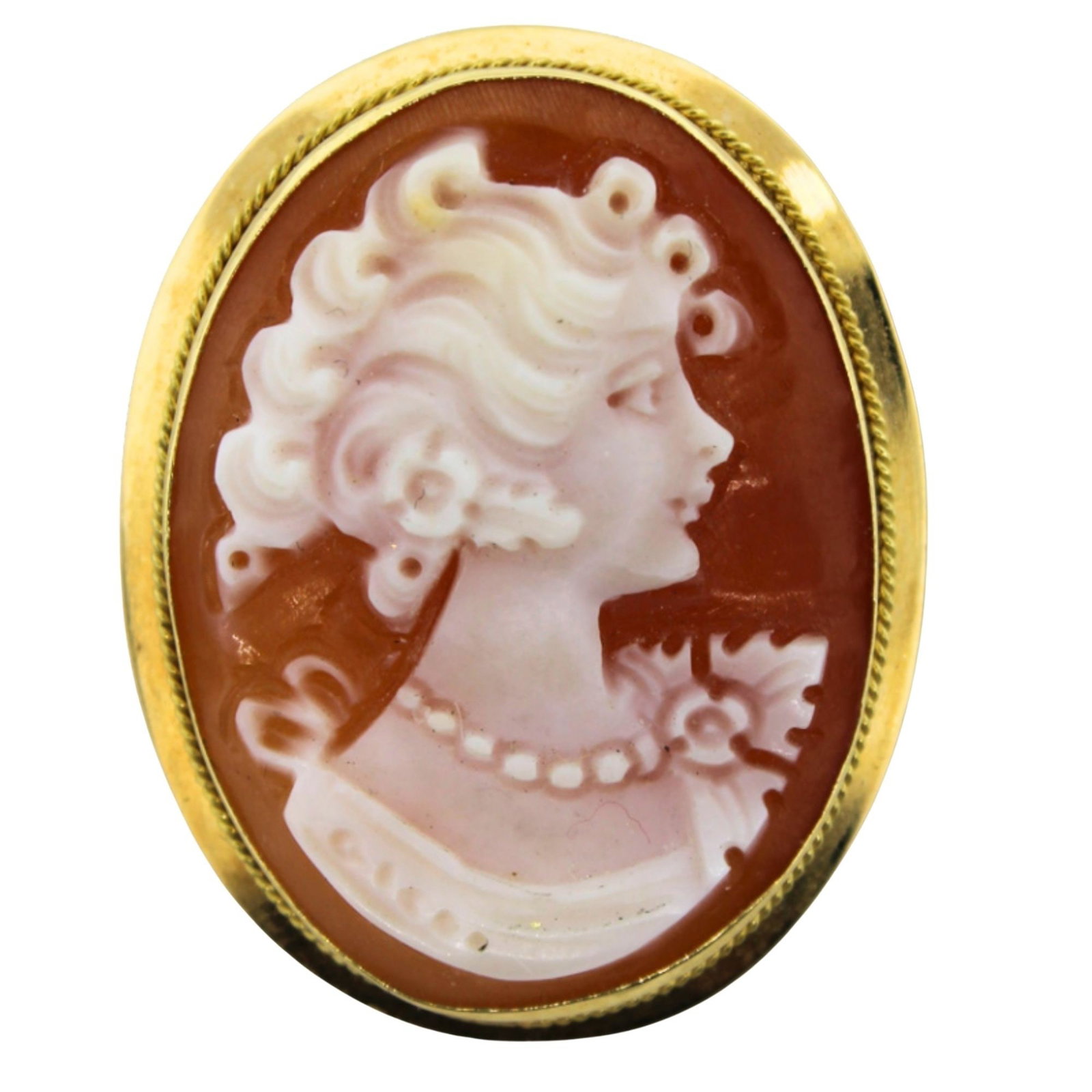 Shell Cameo set in 18ct Gold Brooch Surround: Retro Size Weight: 3.6gms. Height: 26mms Medium Pins & Brooches Exhibited General