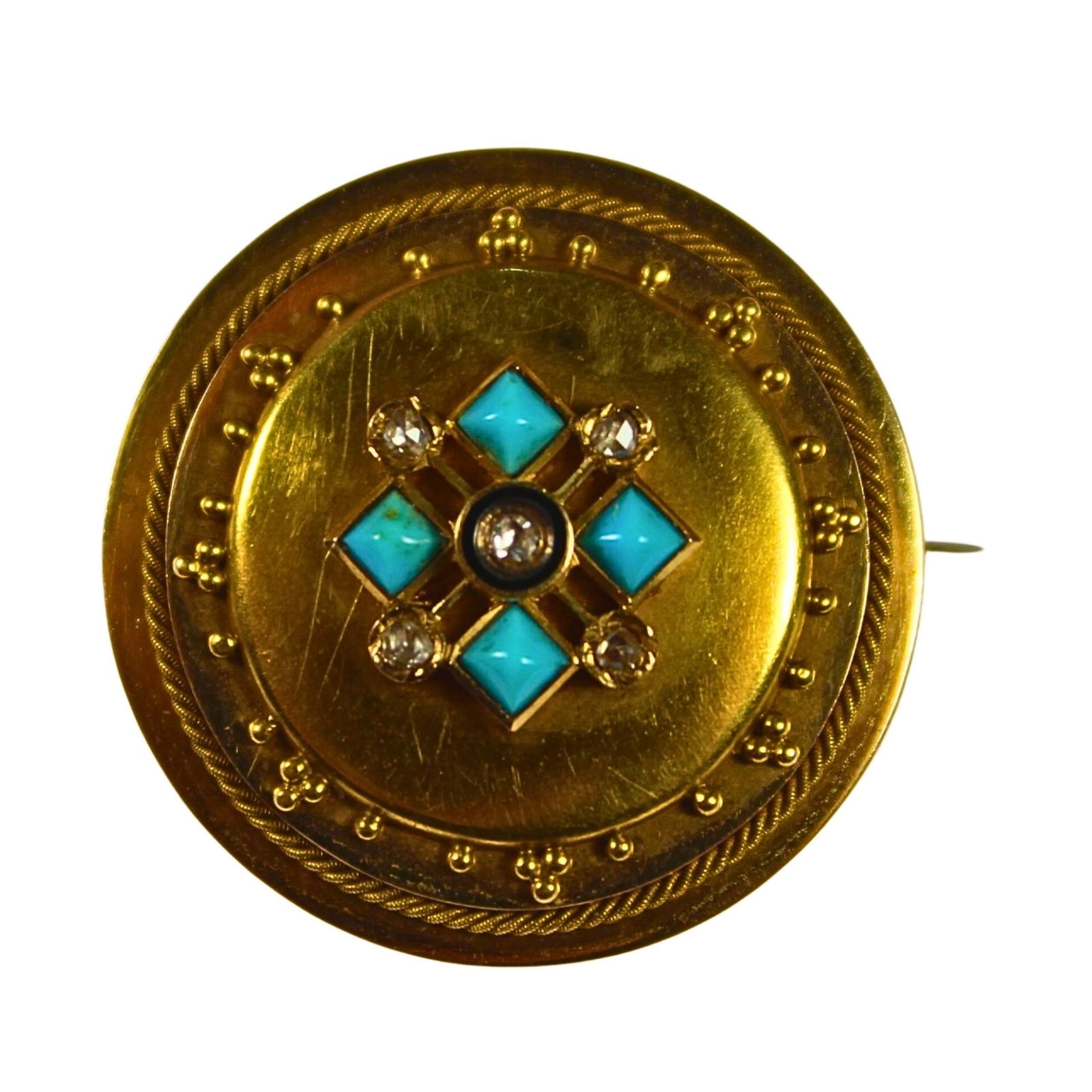 Antique 18ct Gold Button Brooch with Old-Cut Diamonds & Turquoise Central Design: Intricate workmanship Size Diameter 3cms : Total weight 9.57gms Medium Pins & Brooches