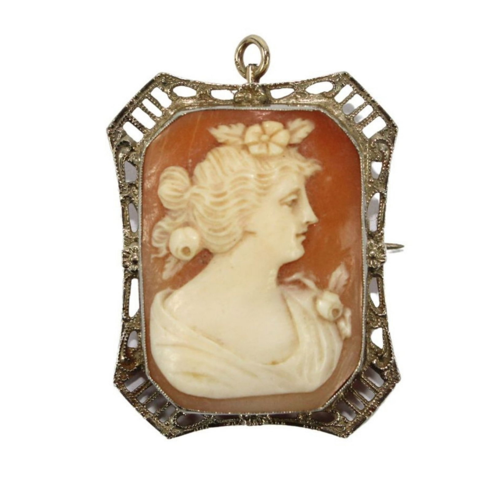 Stylish Shell Cameo Pendant/Pin in 14ct White Gold Rectangular Mount: . Size Total weight 9.57gms : 3.3x2.5cms Medium Pendants, Gold