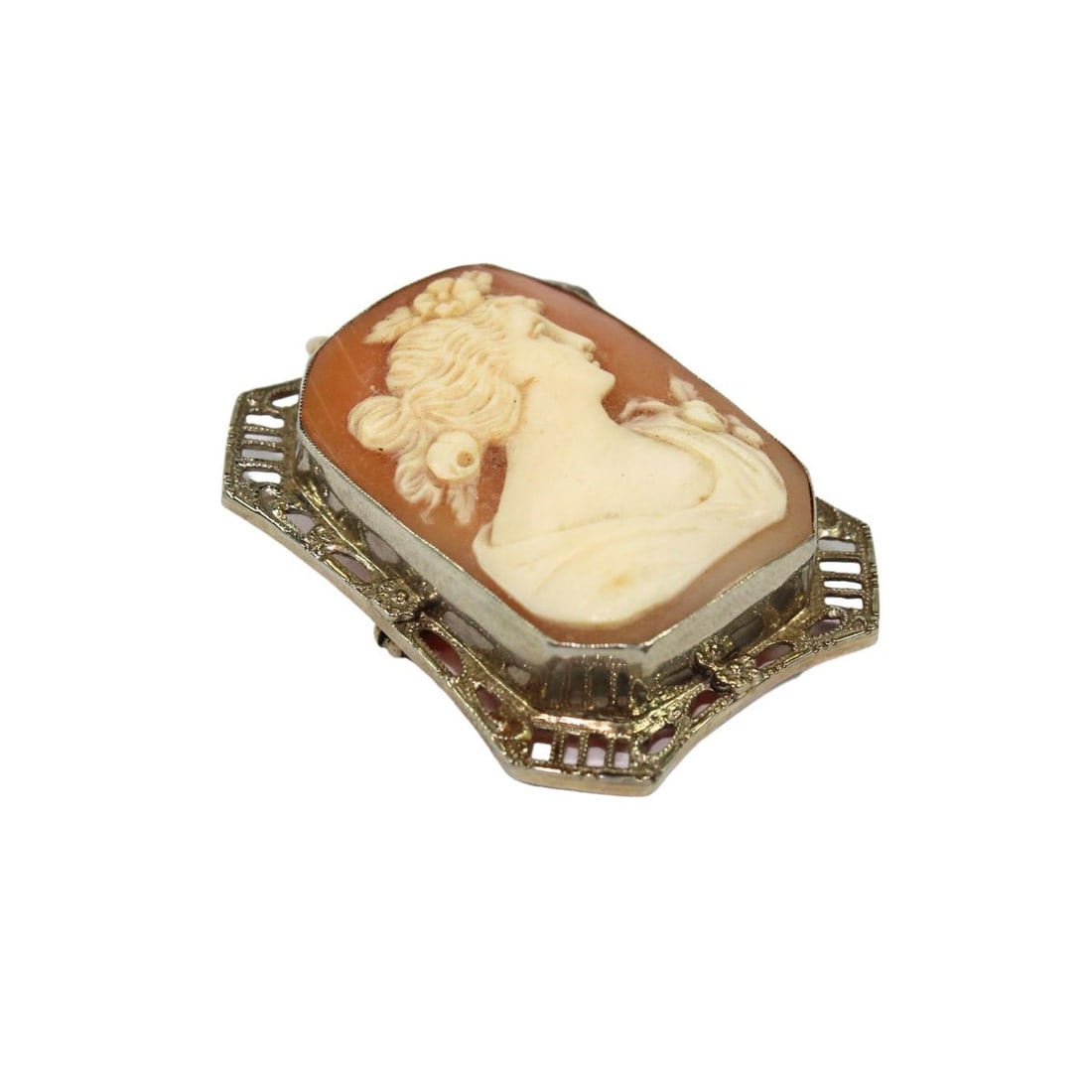 Stylish Shell Cameo Pendant/Pin in 14ct White Gold Rectangular Mount - 2