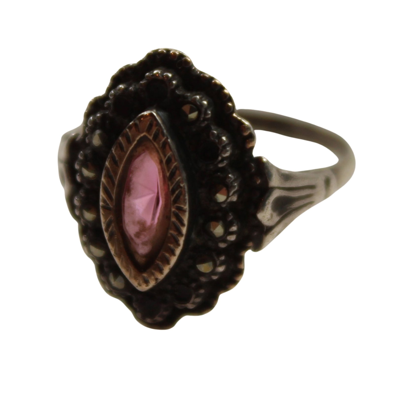 Faux Ruby & Marcasite Ring in Sterling (925) Silver: . Size Size O : Total weight 2.43gms Medium Rings