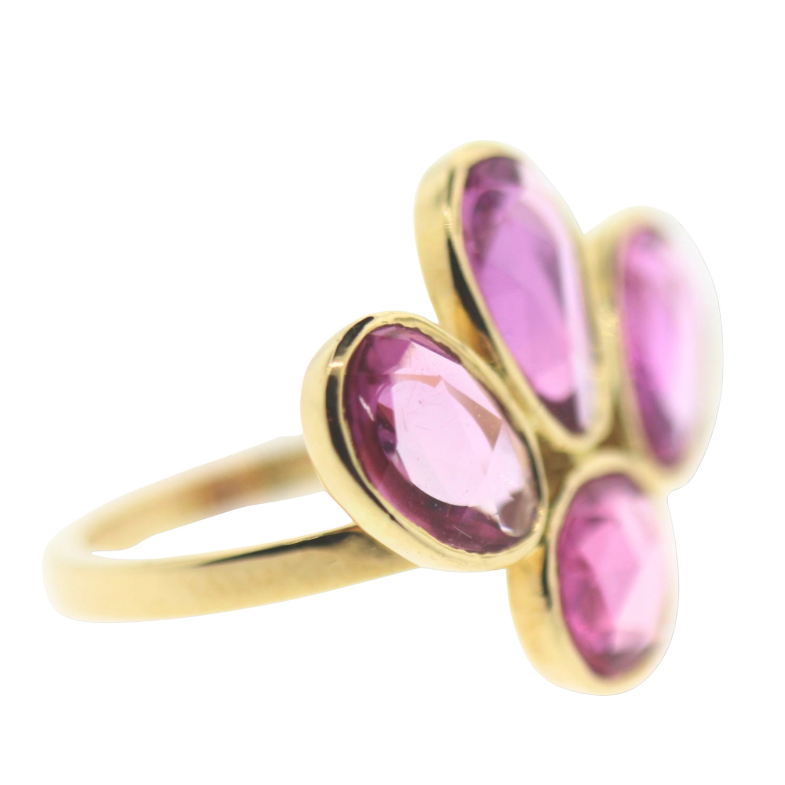 Modernist 9ct Yellow Gold Ring with flat-cut Pink Sapphires: . Size Size N : Weight 6.20gms Medium Rings