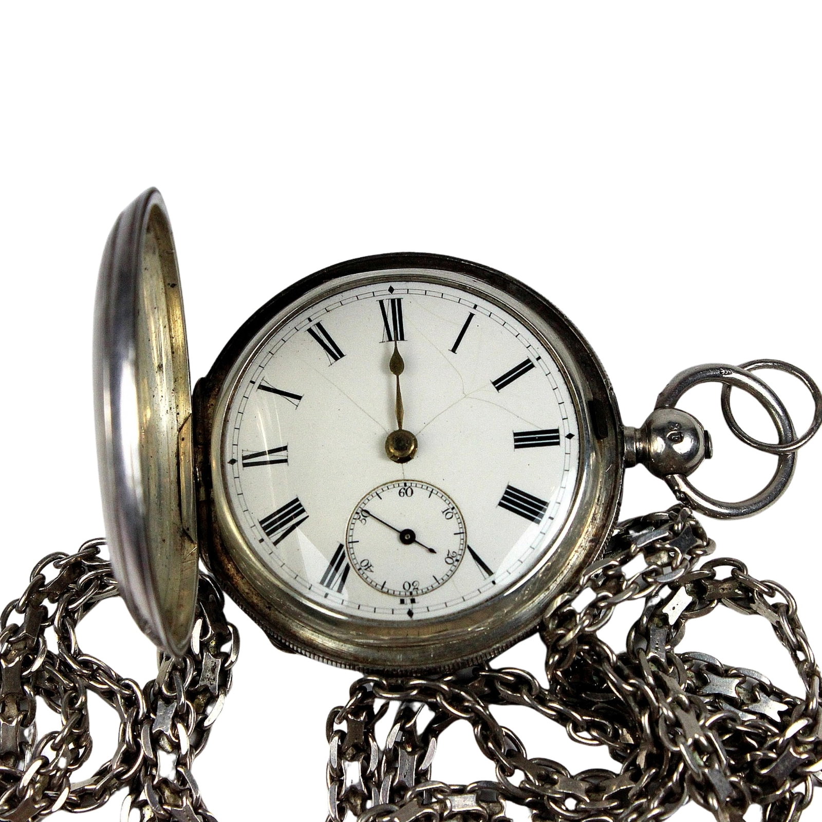 Antique Sterling (925) Silver Fob Watch with Long Chain: Case marked London, 1881 Size Case Diameter 50mm : Combined weight 172gms Condition Working. Small cracks to porcelain dial Medium Pocket Watches