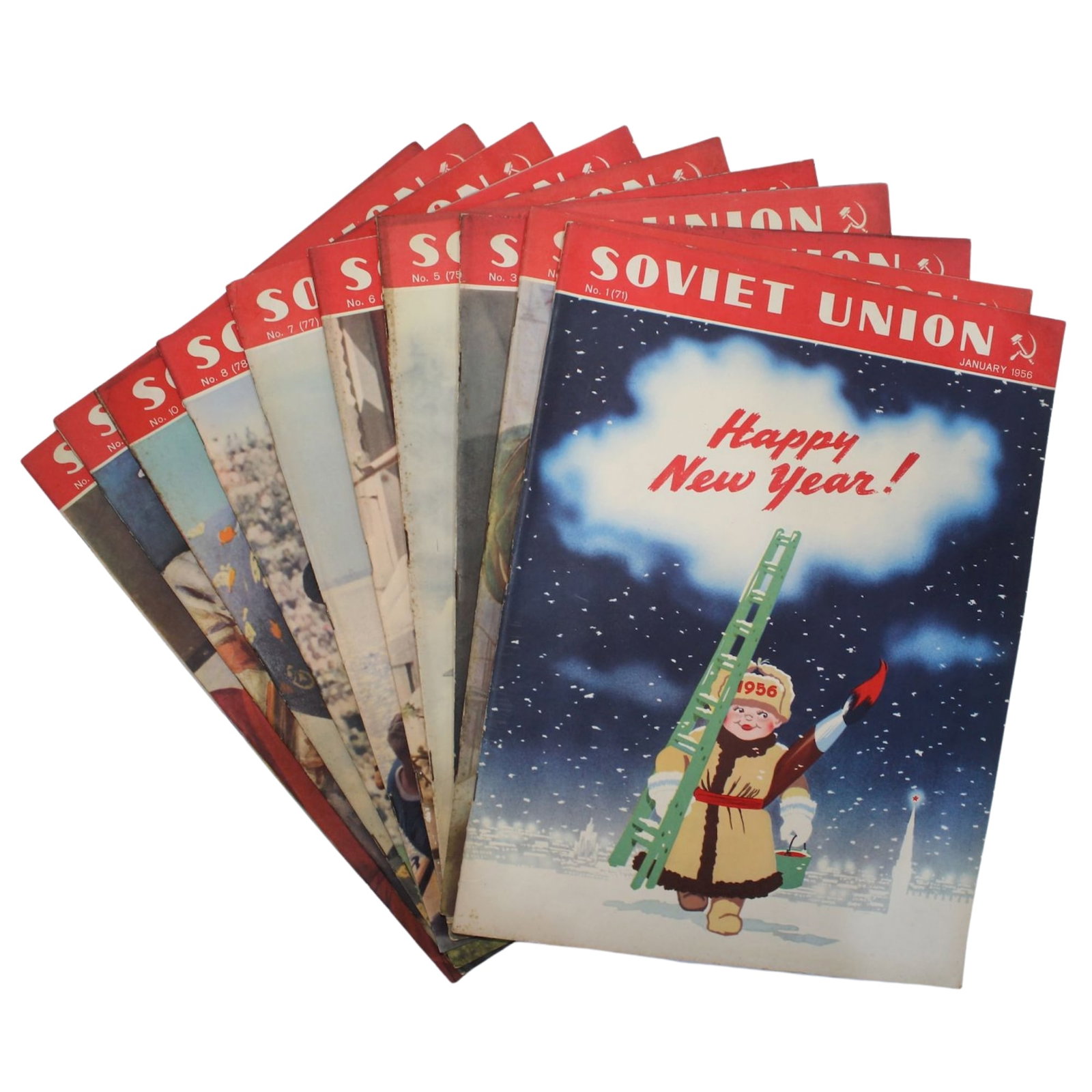 1956 Soviet Union Illustrated Monthly Magazines (10 items): No. 71, 72, 73, 75, 76, 77, 78, 80, 81 & 82 Medium Ephemera, Cards & Documents Exhibited Magazines