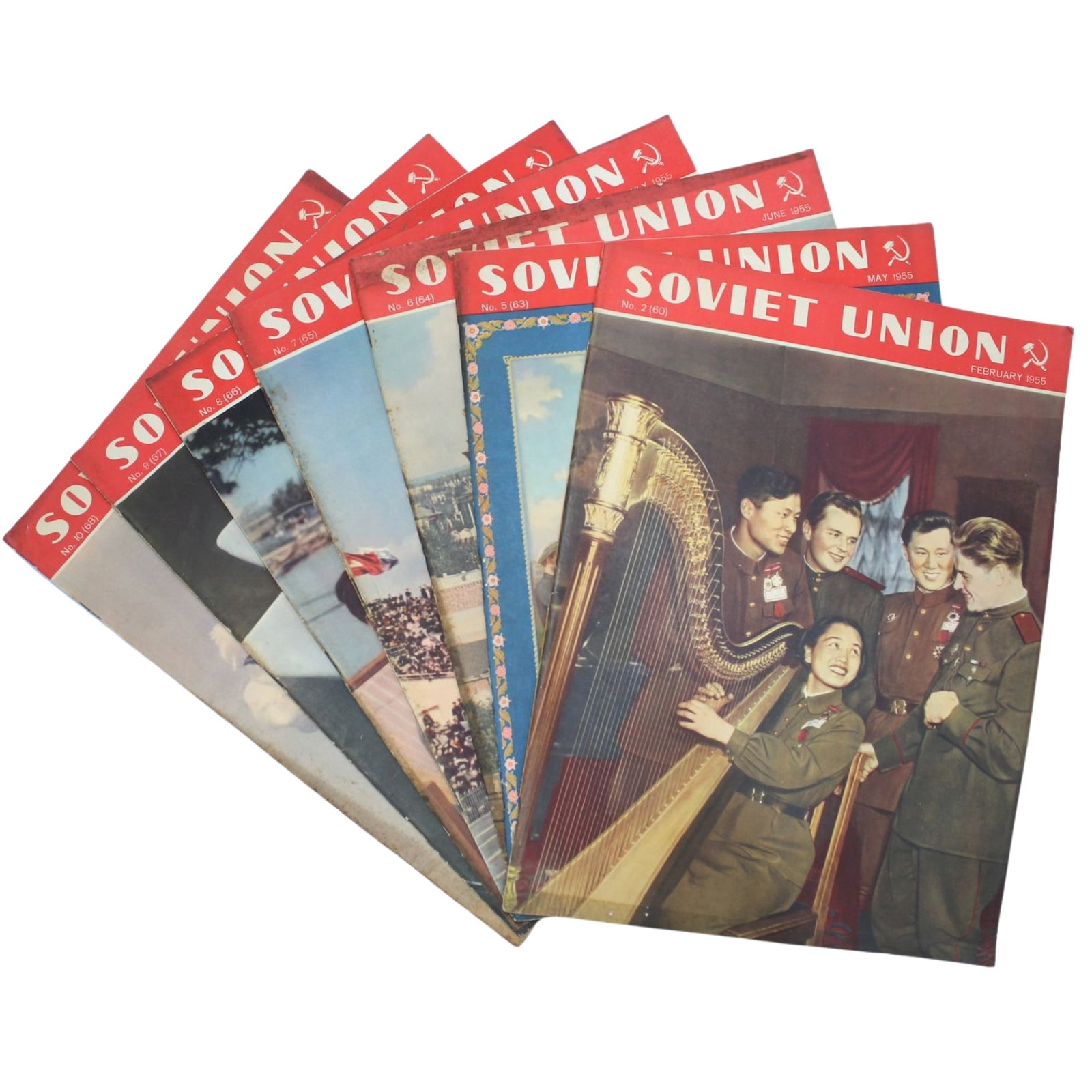 1955 Soviet Union Illustrated Monthly Magazines (7 items): No. 60, 63, 64, 65, 66, 67 & 68 Medium Ephemera, Cards & Documents Exhibited Magazines