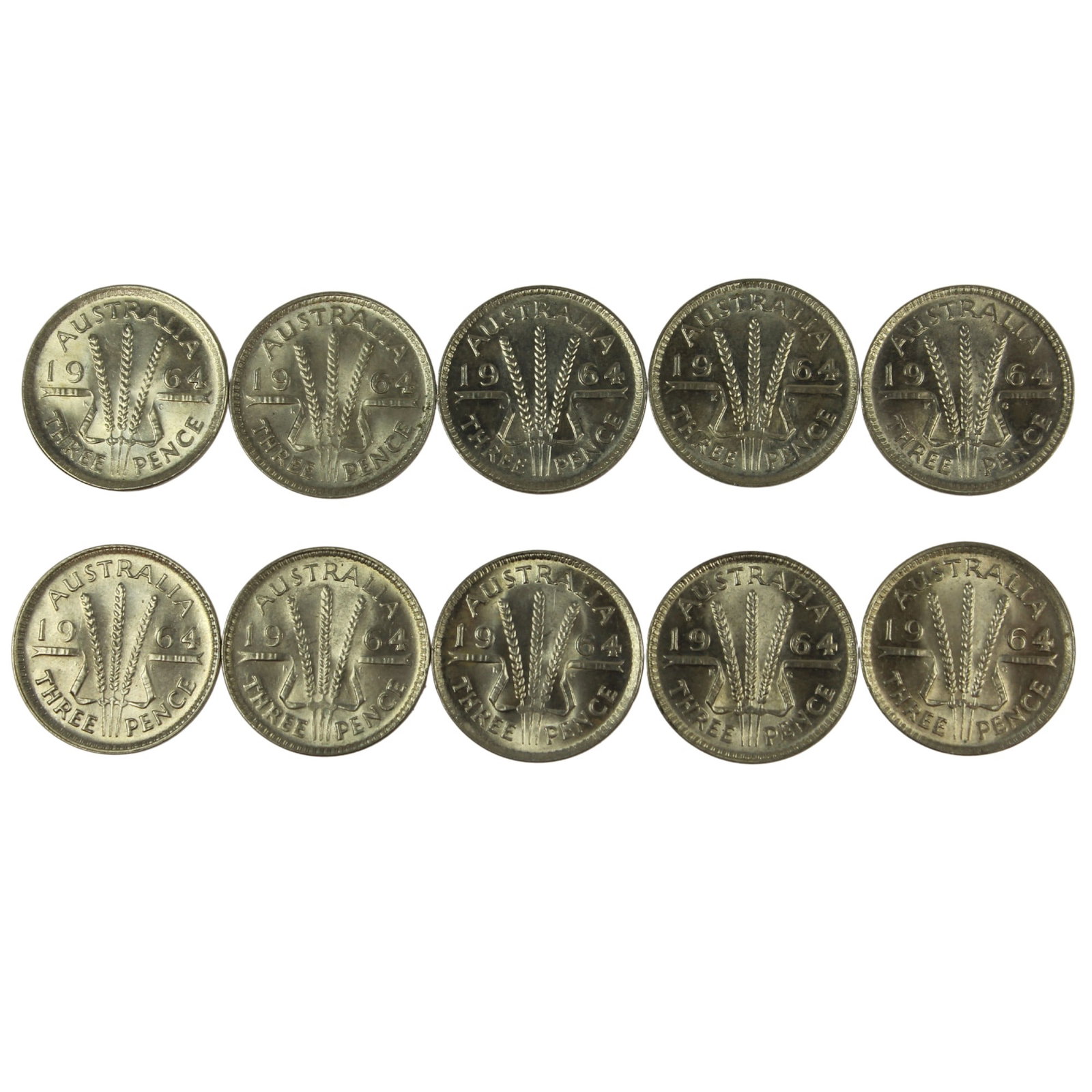 Australia 1964 Threepences, Brilliant Uncirculated (10 coins): QEII Size ASW 0.2267 Troy oz
