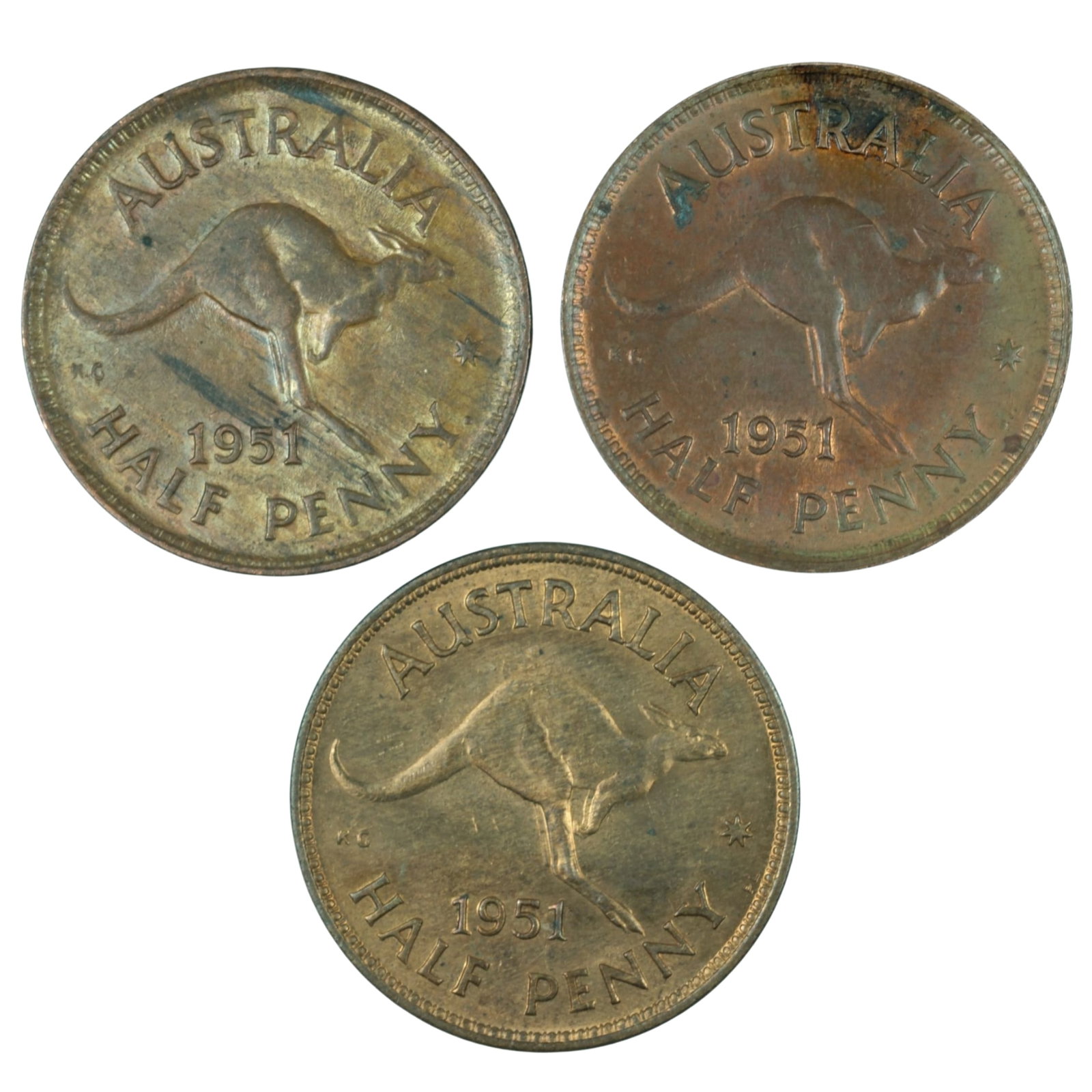 Australia 1951 Y. (Obv 4), 1951 Y. (Obv 5) & 1951 PL Halfpennies, Uncirculated RB (3 coins): George VI Medium Coins, Monies & Stamps Exhibited Coins, Australia & New Zealand