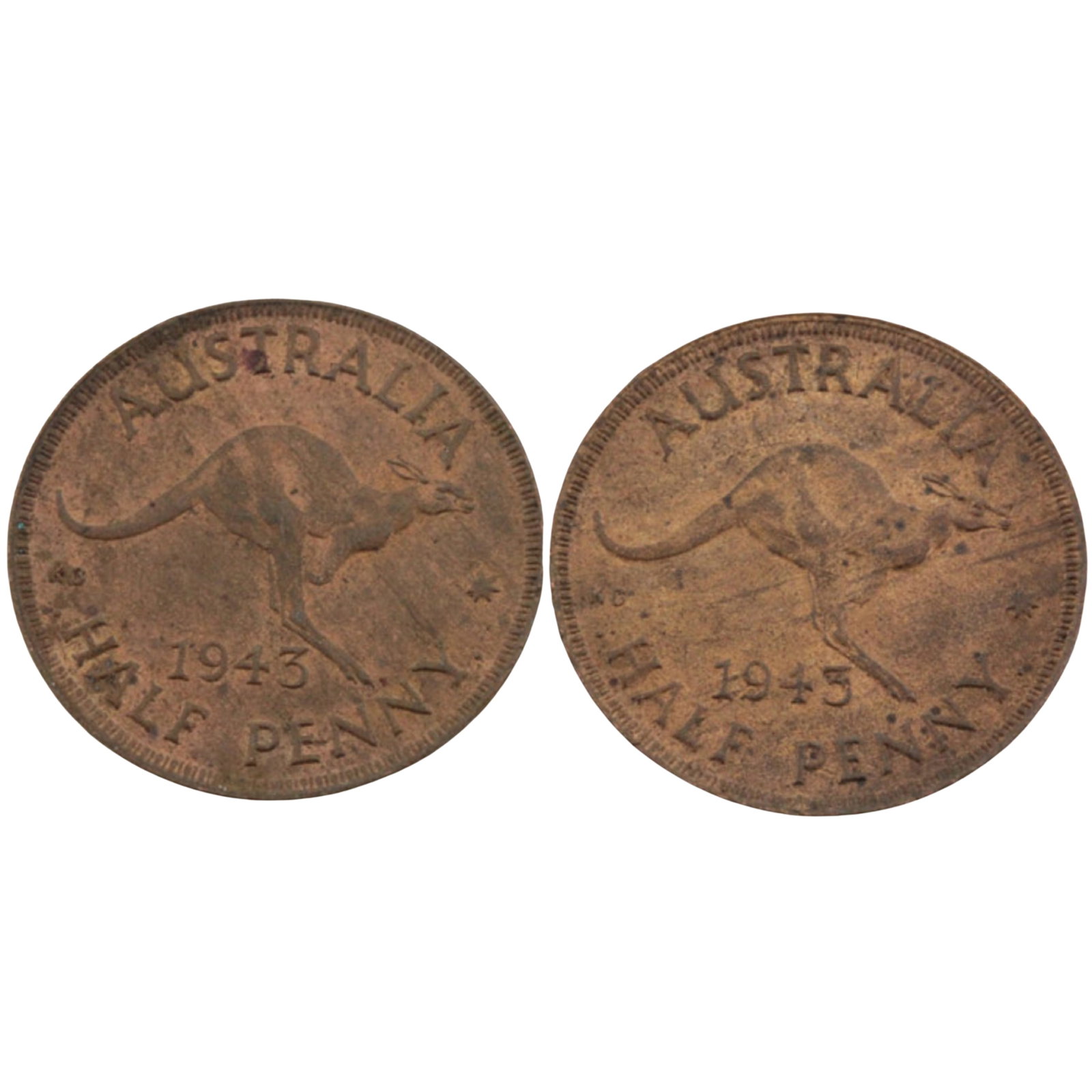 Australia 1943 I Halfpennies (2), Both Choice uncirculated with plenty of even colour: Obv 3 - Rev C Medium Coins, Monies & Stamps Exhibited Coins, Australia & New Zealand