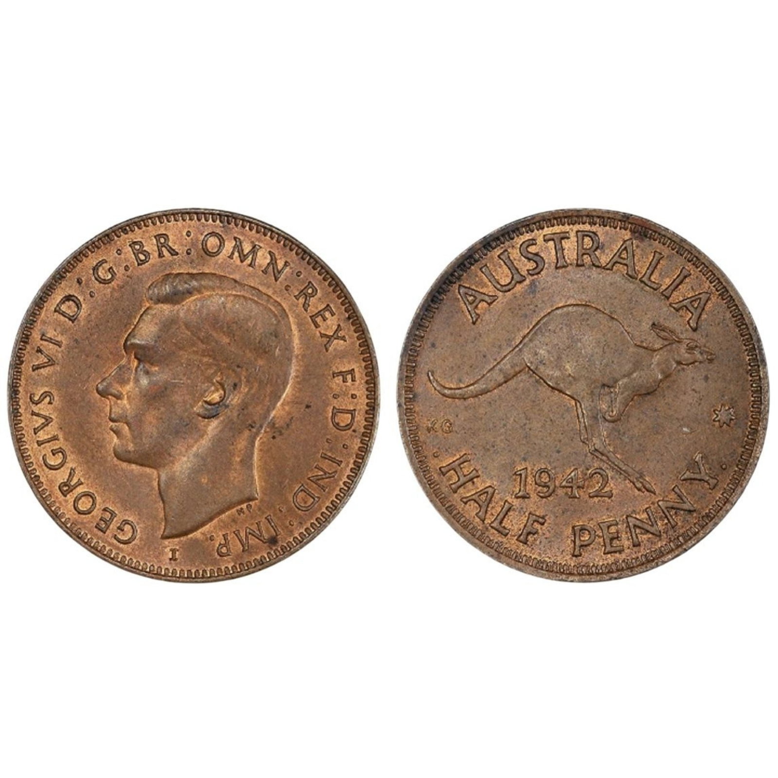 Australia 1942 I (B) 'Long Reverse Denticle' Halfpenny, PCGS MS63RB: In the top few known Condition Choice Uncirculated Medium Coins, Monies & Stamps Exhibited Coins, Australia & New Zealand
