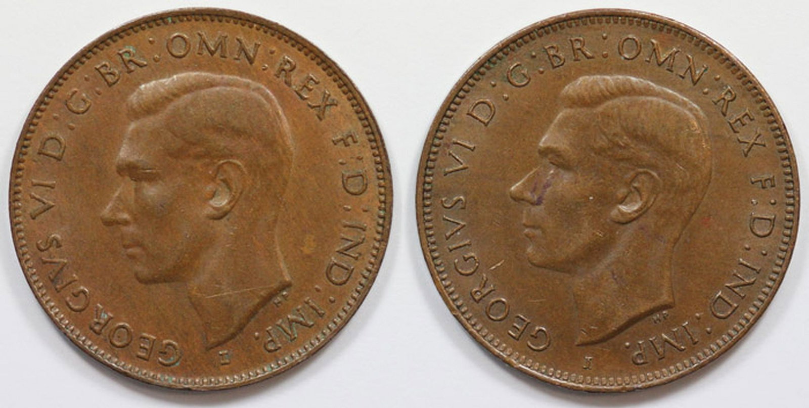 Australia 1942 I Halfpenny & 1942 I 'Long Reverse Denticles' Halfpenny, Both about Uncirculated - 2