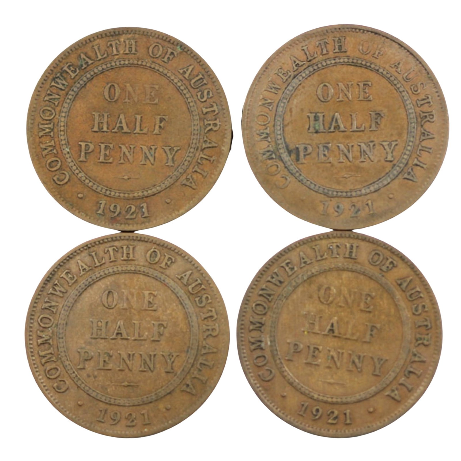 Australia 1921 Halfpenny 'Varieties', VG/Fine (4 Coins): 4 Positions of '1' in date Size . Medium Coins, Monies & Stamps Exhibited Coins, Australia & New Zealand