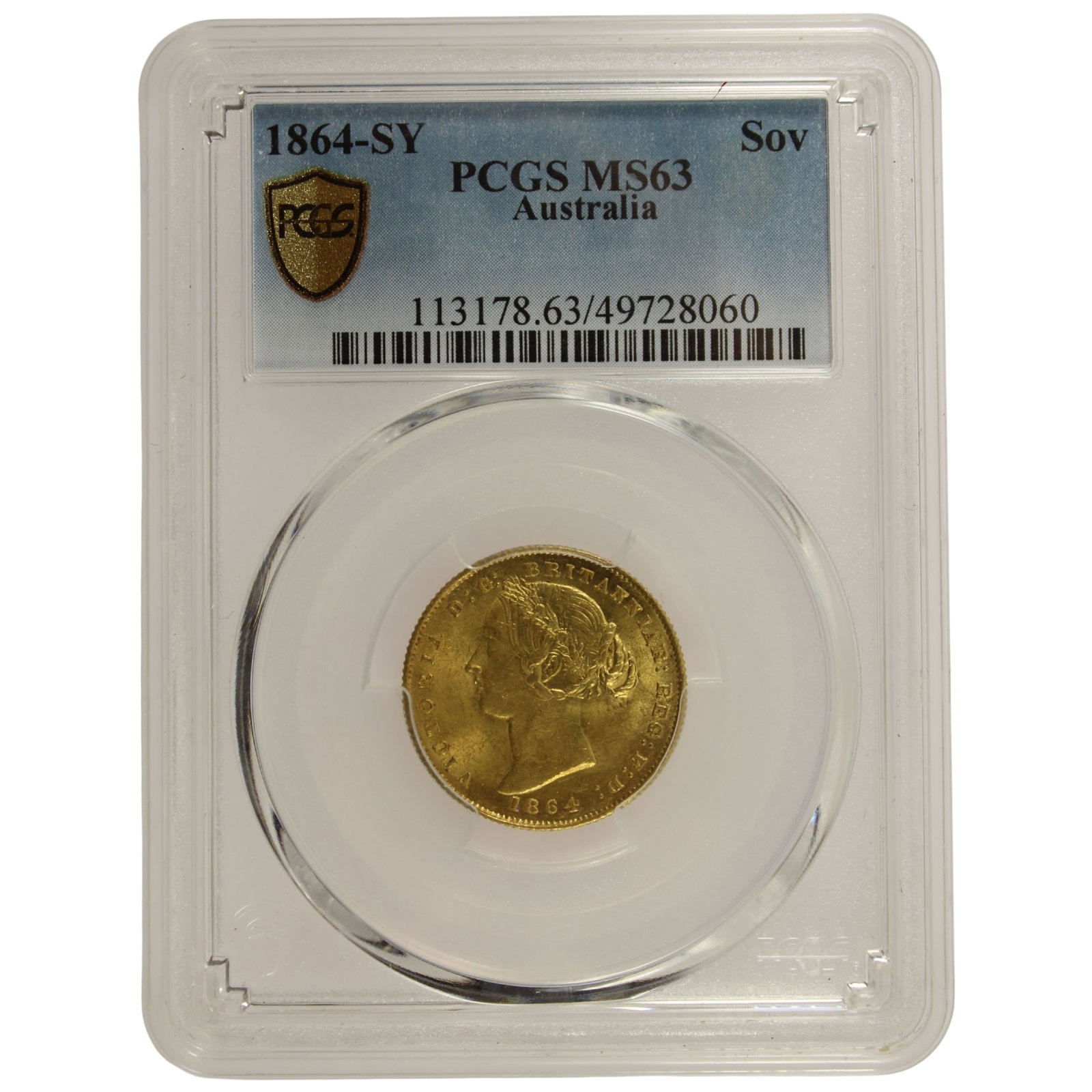 Australia 1864 'Sydney Mint' Sovereign, PCGS MS63: Deserving of a Gem grade. This is the only MS63-graded coin and in our opinion it is better than the sole MS64 graded coin which sold for USD $19,200 in August 2021 Size AGW 0.2354 Troy oz Medium