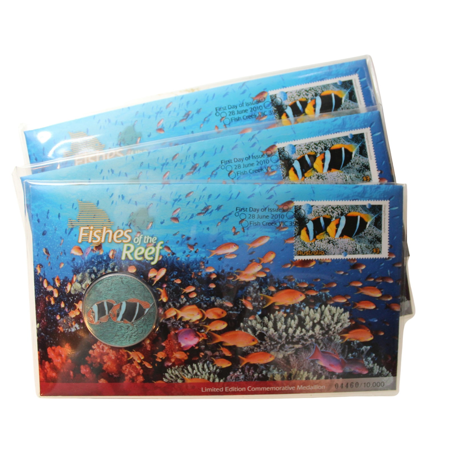 Australia 2010 'Fishes of the Reef' Medallion & Stamp Cover (3 items): . Medium Coins, Monies & Stamps
