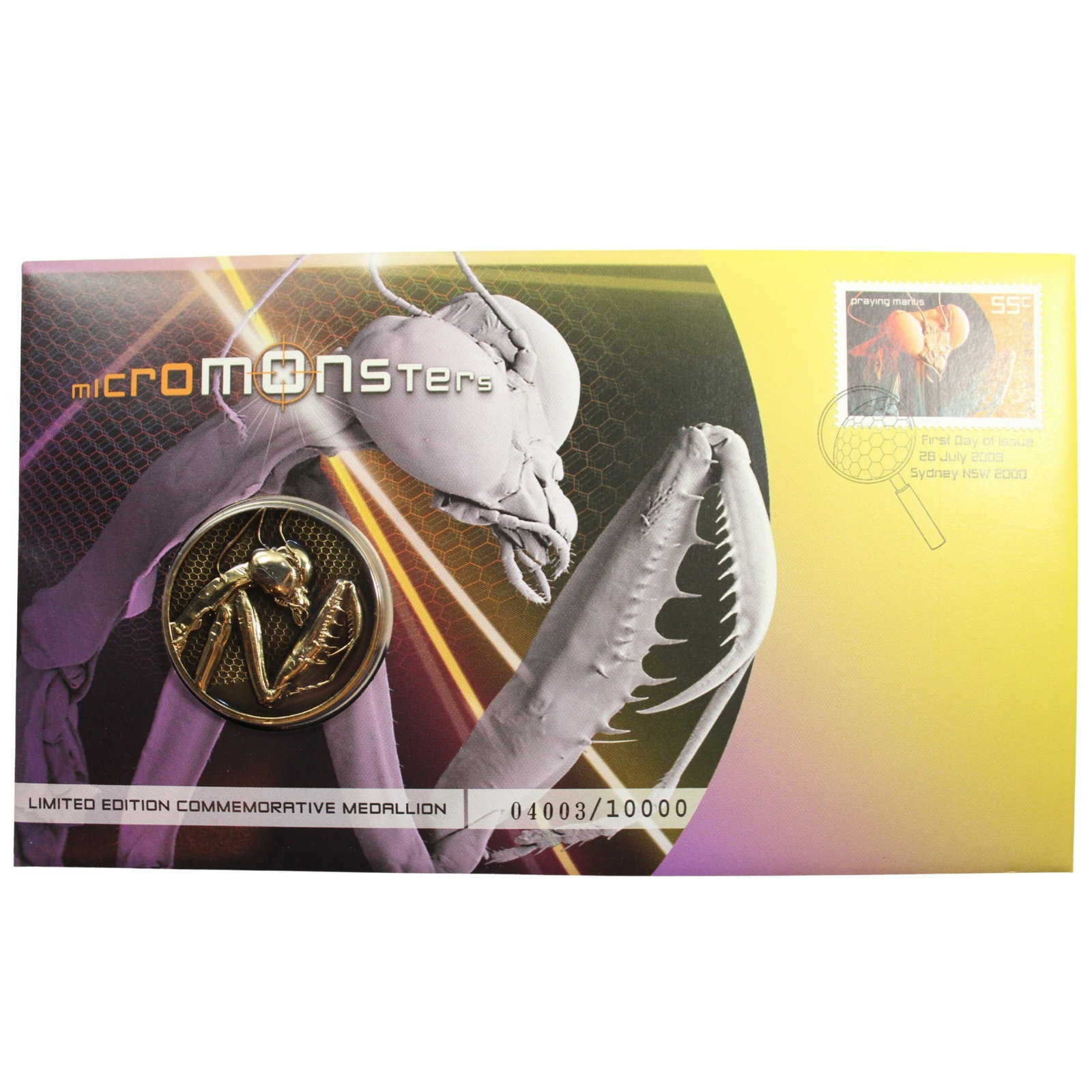 Australia 2009 'Micromonsters Praying Mantis' Stamp and Medallion Cover, Unc: No.4003 / 10000 Medium Colledtables